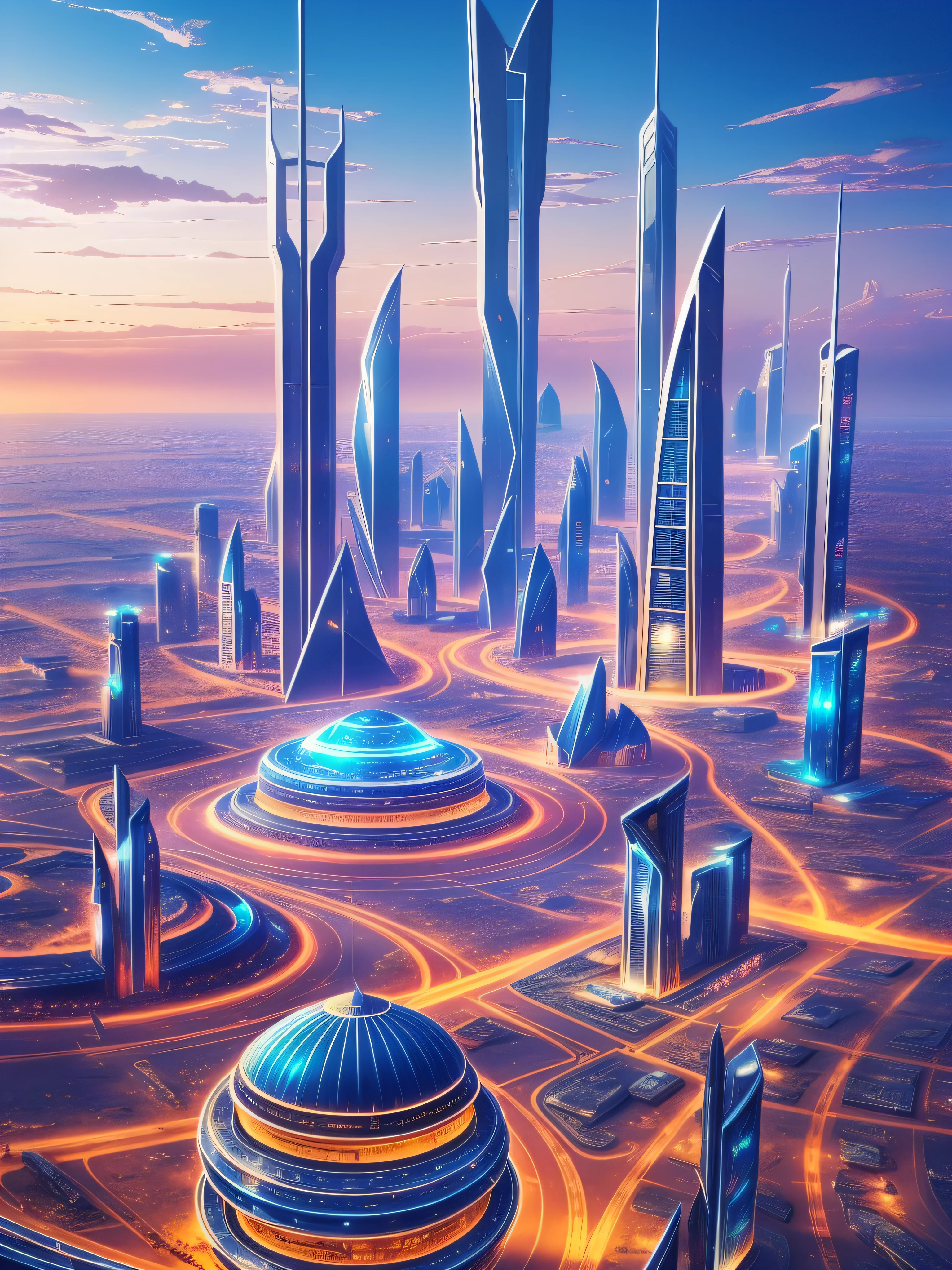 cidade futurista, fantasia, século 24, deserto, mar