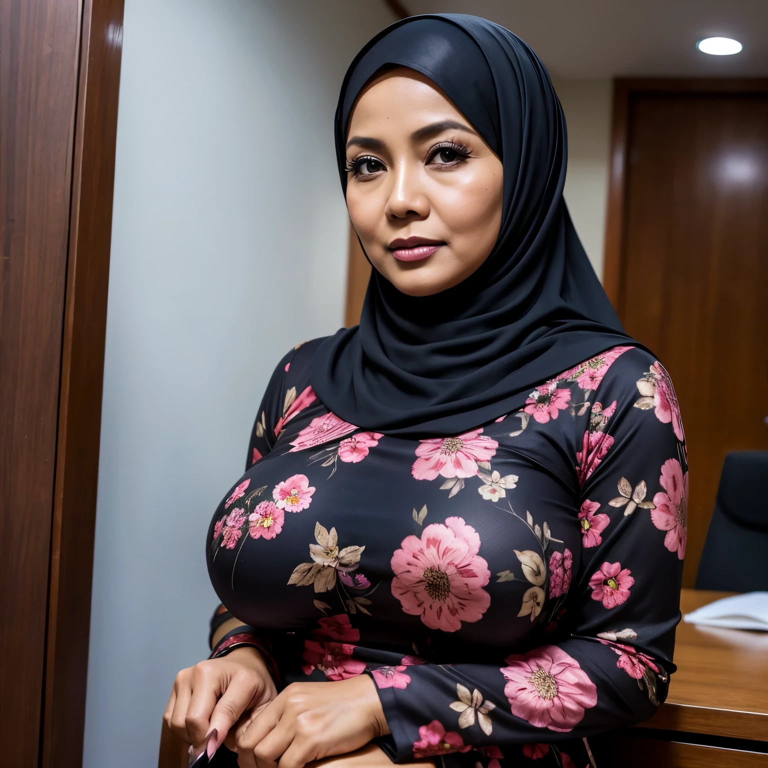 Muslim woman in a black floral dress standing in an office - SeaArt AI