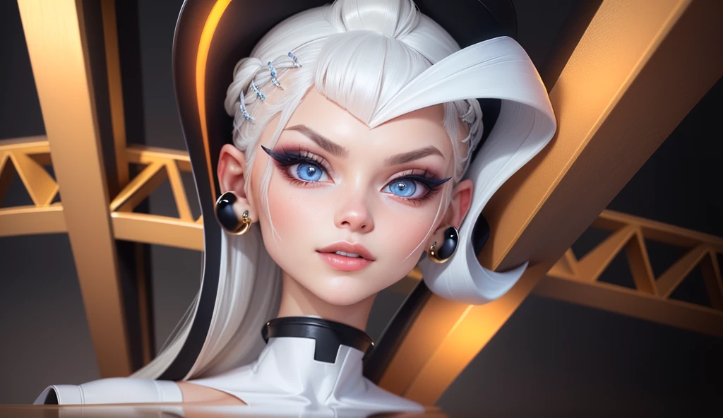 1 girl, beautiful,sharp features,hyper realistic,8k, white hair in high ponytail , strand of hair sticking out, earings that look like screws, seductive features,blue eyes, orange makeup, orange accessories ,detailed realistic hair