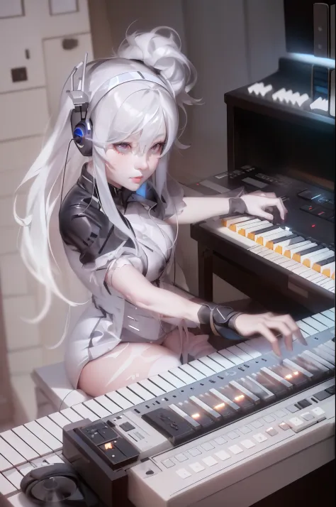 1girl playing music on a keyboard with headphones on, artwork in the style of guweiz, synth, nightcore, artgerm and atey ghailan...