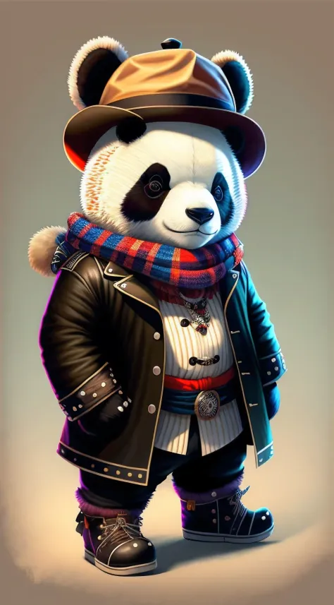 Photo of panda wearing hat and scarf, trends in arts season, dressed in punk clothing,Full body like，There are hands and feet，the hair， Ultra-realistic rendering of details, British gangsters,  Stylized, Intimidating posture, Planet of the Bears, Fashion c...