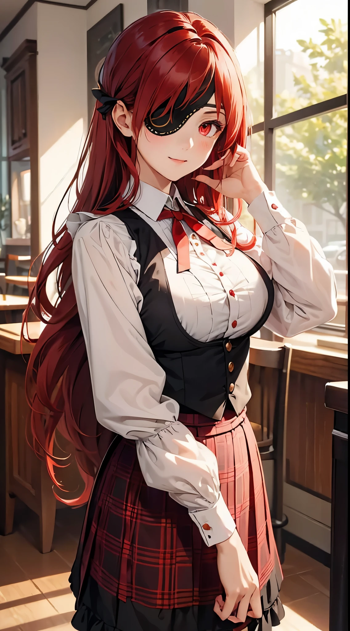 ((best quality)), ((masterpiece)), (detailed), perfect face, ((eyepatch:1.2)), (long hair:1.4), (red hair, red eyes:1.4), 1girl, solo, skirt, shirts, vest, legging, white shirts, Button-up shirts, black vest, smile, outdoors, black skirt, looking at viewer, black legging, rose pattern legging, long sleeves, bangs, ribbon, frilled skirt, frills, plaid, bow, open clothes, blush, neck ribbon, Star shape eyepatch, gold eyepatch, standing, red ribbon, wide sleeves,, hand on waist, medium breasts, large breasts, cafe, inside bosco cafe, cowboy shot , elegance, blush
