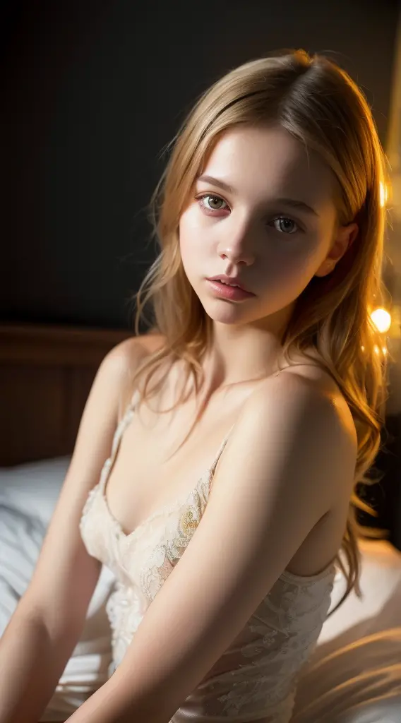 Portrait of an 18 year old cute beautiful perfect face petit , nude. she is happy, very beautiful Russian, raw, in bed, (dark pr...
