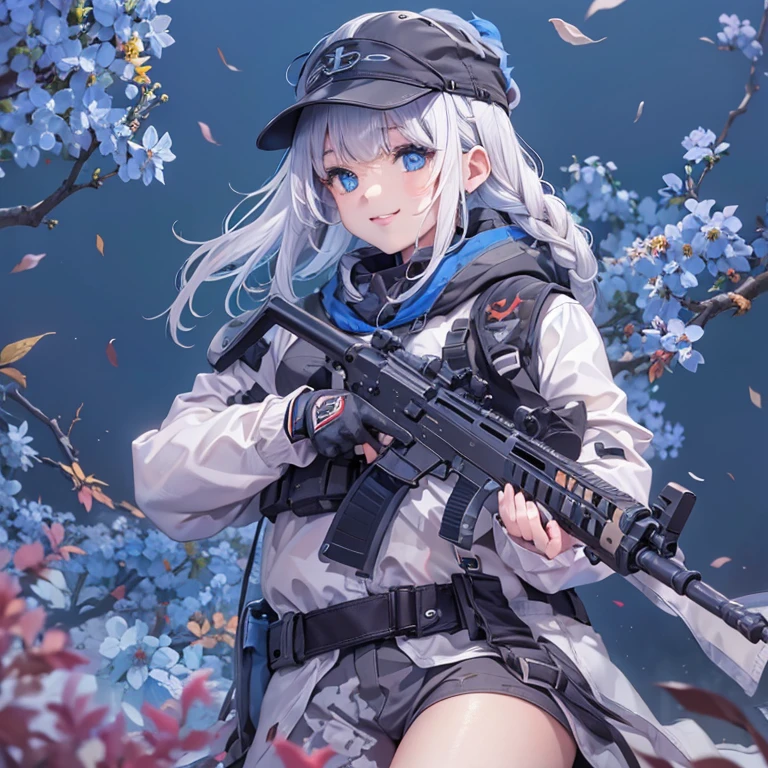 masterpiece, best quality, highres, 8k, 4k, ultra detailed, 1girl, (hood up), (medium twin braids hair), blunt bangs, , white hair, blue eyes, military wear, wind, blue flower logo wear, dynamic angle and pose, smile, hk h&k416, holding rifle,