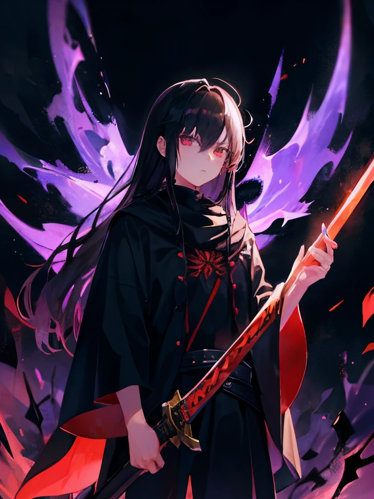 ember、独奏、a cool、30-years old、sword holding、A dark-haired、The long-haired、Black clothe、Viola、glares、ace length、Cool、emberらしい、Dark look、Violaのオーラ、The Darkness、Violaの光