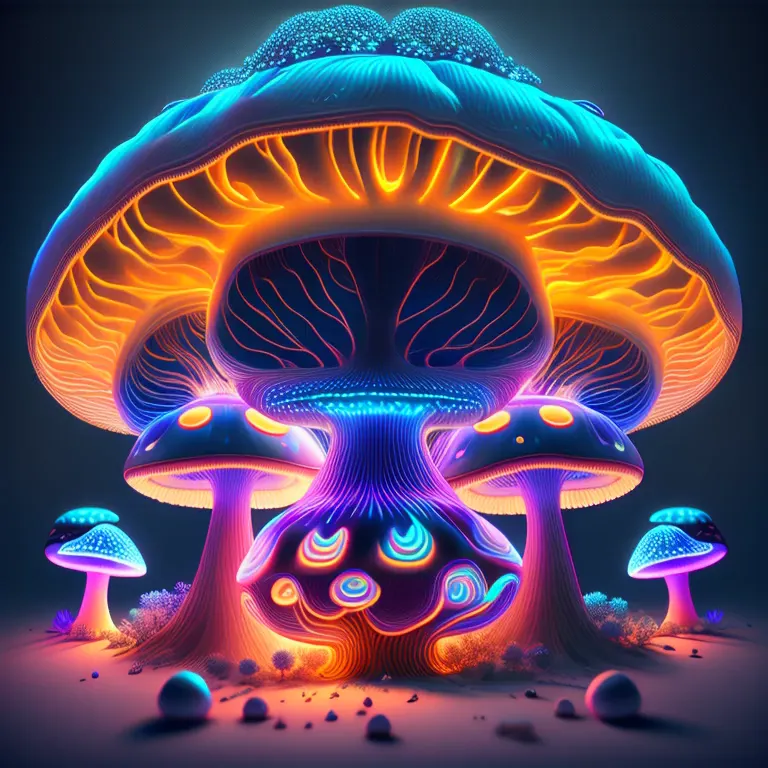 mushrooms are glowing in the dark with glowing lights on them, glowing mushrooms, glowing blue, orange, grey mushrooms, pastel n...