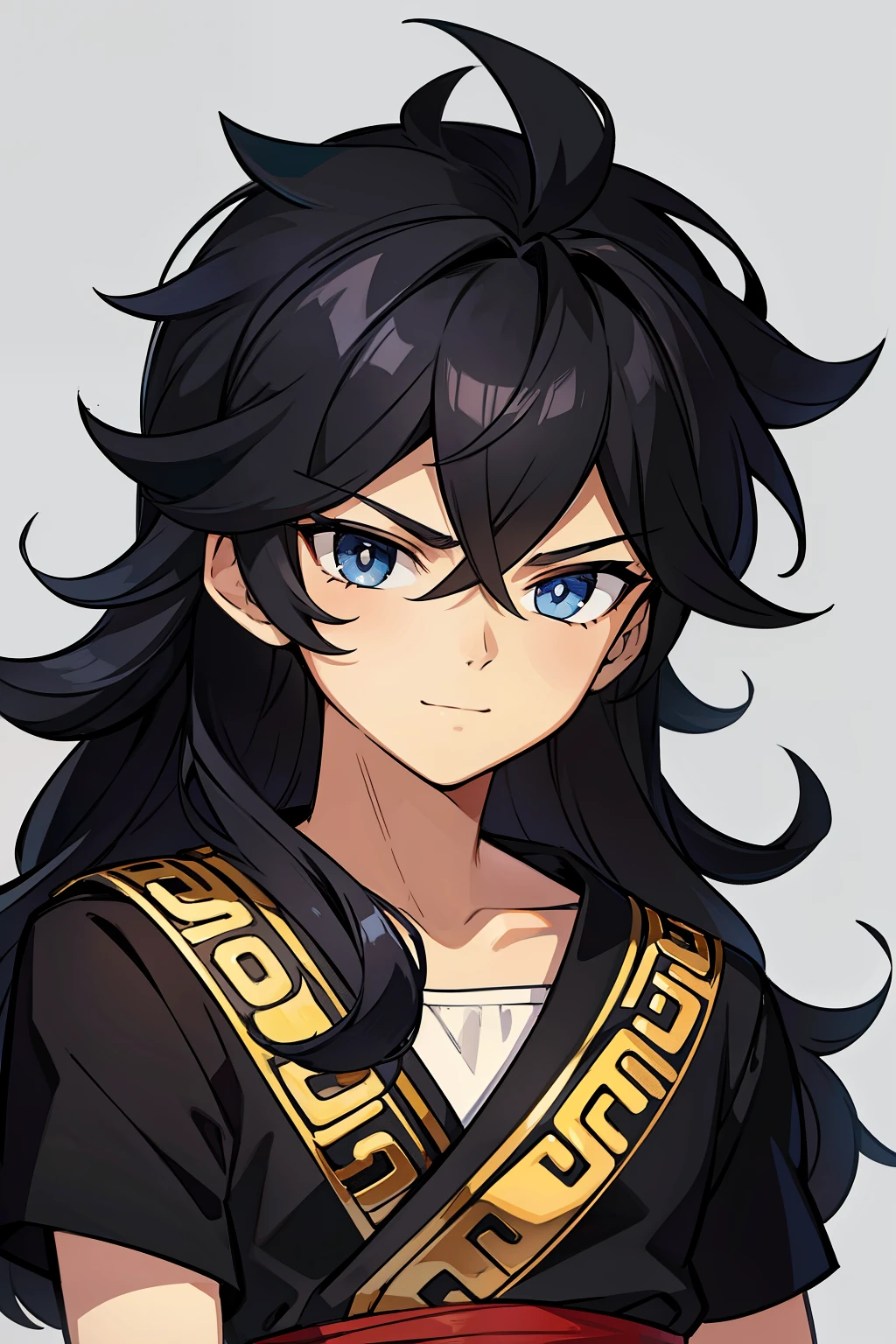 (high-quality, breathtaking),(expressive eyes, perfect face) portrait, 1boy, male, solo, young kid, , black hair, blue coloured eyes, stylised hair, gentle smile, medium length hair, loose hair, side bangs, curley hair, really spiky hair, spiked up hair, looking at viewer, portrait, ancient greek clothes, black long sleeved tunic gold trim around collar edges and down middle, greek, red and gold sash, simple background, laurel accessory, slightly narrow eyes, masculine face, masculine eyes, baby face, , happy expression