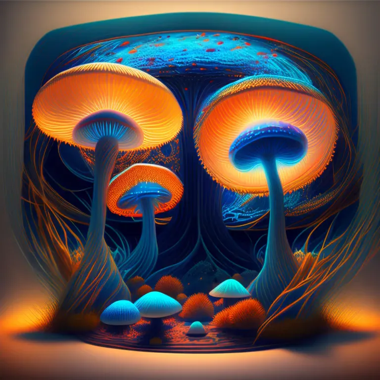 bioluminescent mushroom/glowing mushrooms/luminous mushroom l, monet, blue, orange, grey,(best quality,4k,8k,highres,masterpiece...