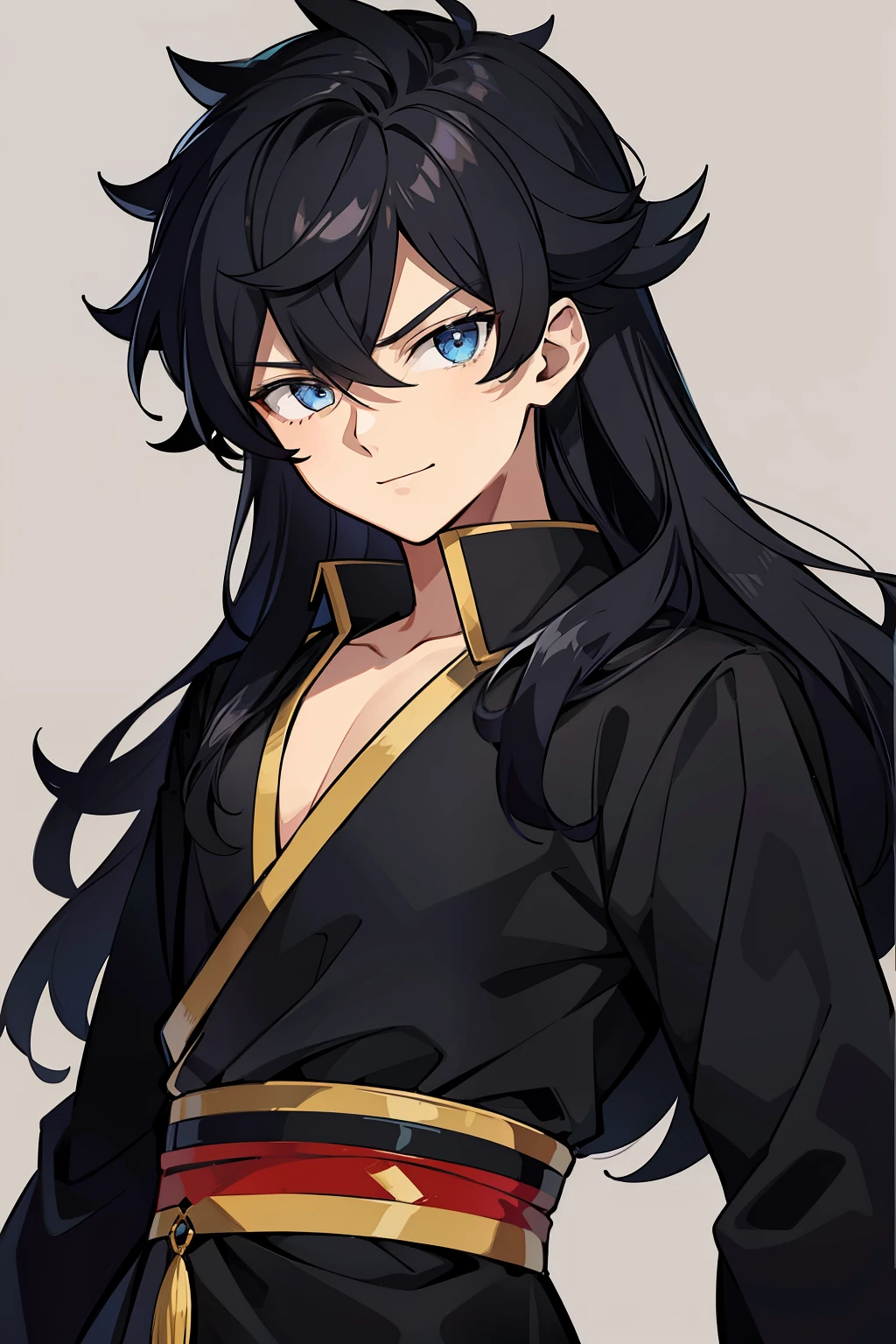 (high-quality, breathtaking),(expressive eyes, perfect face) portrait, 1boy, male, solo, young kid, , black hair, blue coloured eyes, stylised hair, gentle smile, long length hair, loose hair, side bangs, curley hair, really spiky hair, spiked up hair, looking at viewer, portrait, ancient greek clothes, black long sleeved tunic gold trim around collar edges and down middle, greek, red and gold sash, simple background, laurel accessory, slightly narrow eyes, masculine face, masculine eyes, baby face, , happy expression