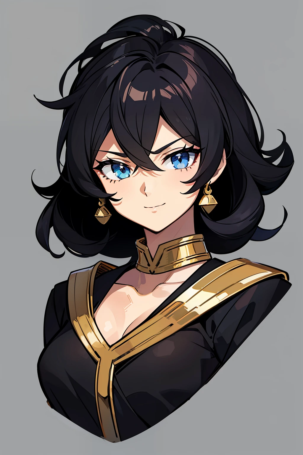 (high-quality, breathtaking),(expressive eyes, perfect face) portrait, 1girl, girl, solo, young adult, black hair, blue coloured eyes, stylised hair, gentle smile, medium length hair, loose hair, side bangs, curley hair, really spiky hair, spiked up hair, looking at viewer, portrait, ancient greek clothes, black long sleeved tunic gold trim around collar edges and down middle, greek, red and gold sash, simple background, slightly narrow eyes, baby face, , happy expression, clothes similar to Hypnos Saint Seiya, clothes similar to Alone Saint Seiya, C cup size breasts