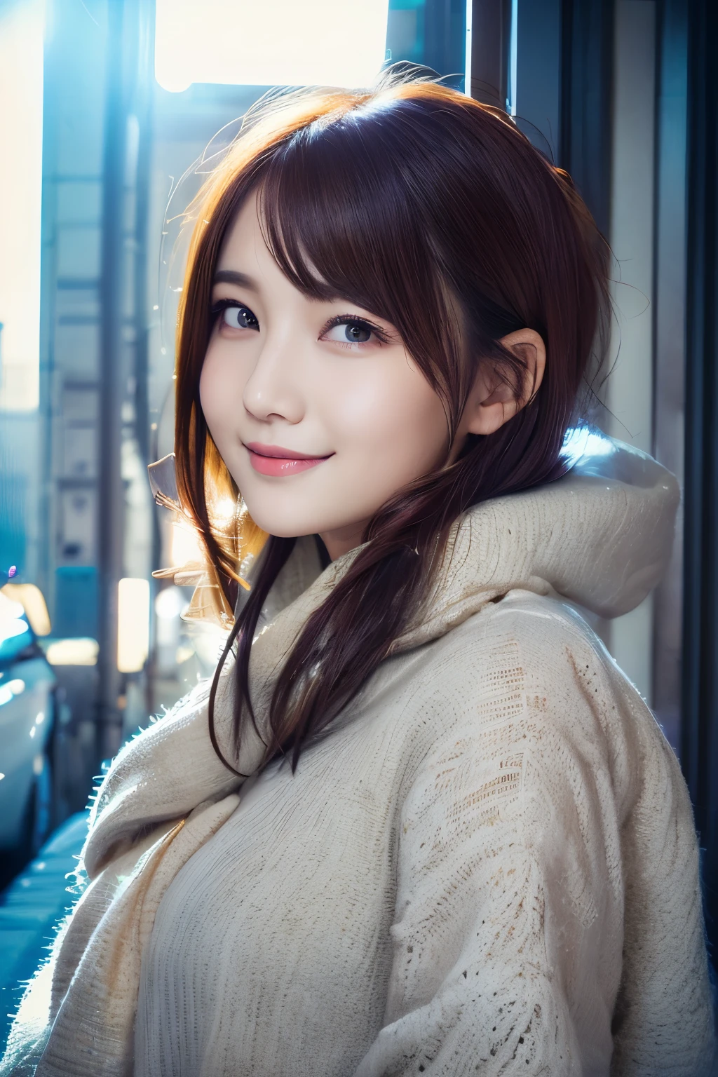 1girl in, (Wear winter clothes:1.2), (Unripe, Best Quality), (Realistic, Photorealsitic:1.4), masutepiece, Extremely delicate and beautiful, Extremely detailed, 2k wallpaper, amazing, finely detail, the Extremely Detailed CG Unity 8K Wallpapers, Ultra-detailed, hight resolution, Soft light, Beautiful detailed girl, extremely detailed eye and face, beautiful detailed nose, Beautiful detailed eyes, Cinematic lighting, Winter scene, Perfect Anatomy, Slender body, Taut, 
Straight semi-long hair, Bangs, Looking at Viewer, A slight smil