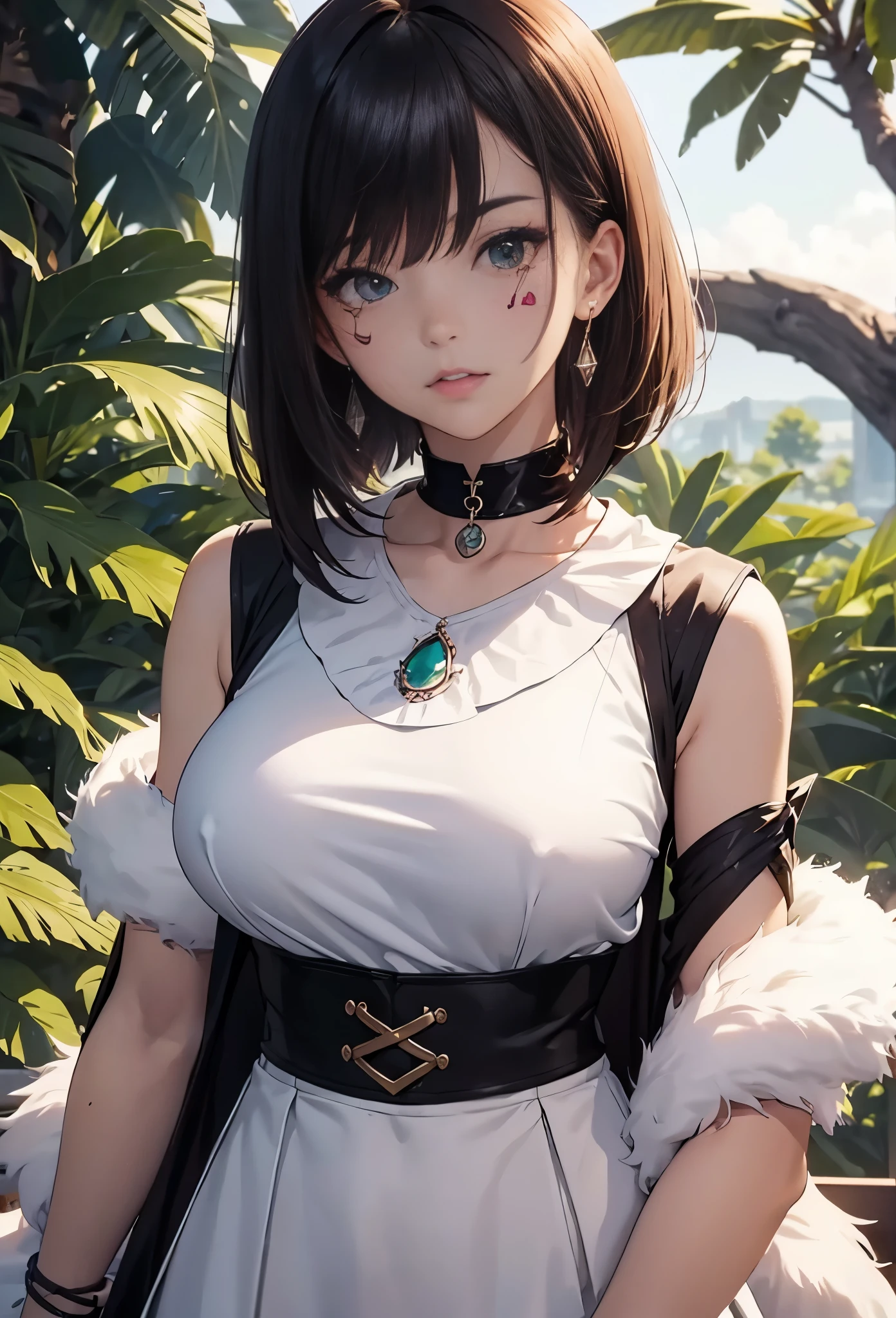 mj3D style,3Dmm,3D,(tmasterpiece, Best quality at best:1.1), in style of ghibli, mulberry (Ghost Ji), 1个Giant Breast Girl, armlets, By bangs, brunette color hair, black underThe shirt, , capes, cirque, 耳Nipple Ring, facepaint, Fluttering, ln the forest, fur capes, green-eyed, jewely, looking at viewert, medium , naturey, choker necklace, Outdoor activities, parted By bangs, The shirt, short detailed hair, Sleeveless, Sleeveless The shirt, Alone, tooth choker necklace, The tree, The upper part of the body, white The shirt