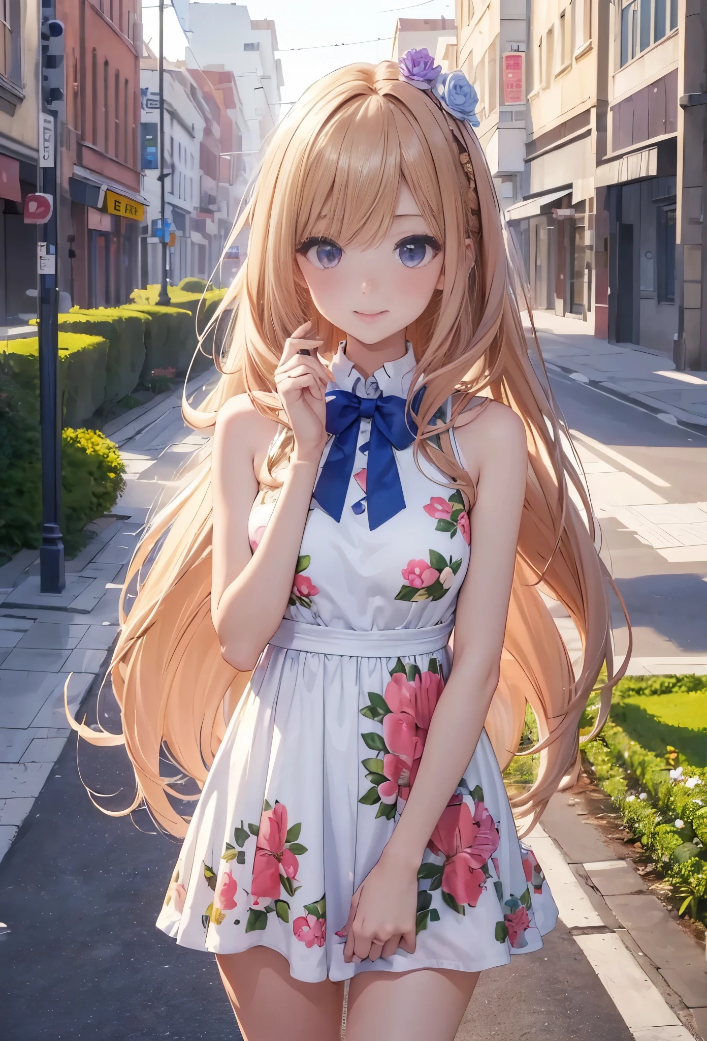 ((Best quality at best, 8K, tmasterpiece: 1.3)), 1个Giant Breast Girl, Slim and beautiful: 1.3, (long whitr hair: 1.2), Floral dress, legs long: 1.1, The face is super delicate, Fine Eye, 二重まぶた, En plein air