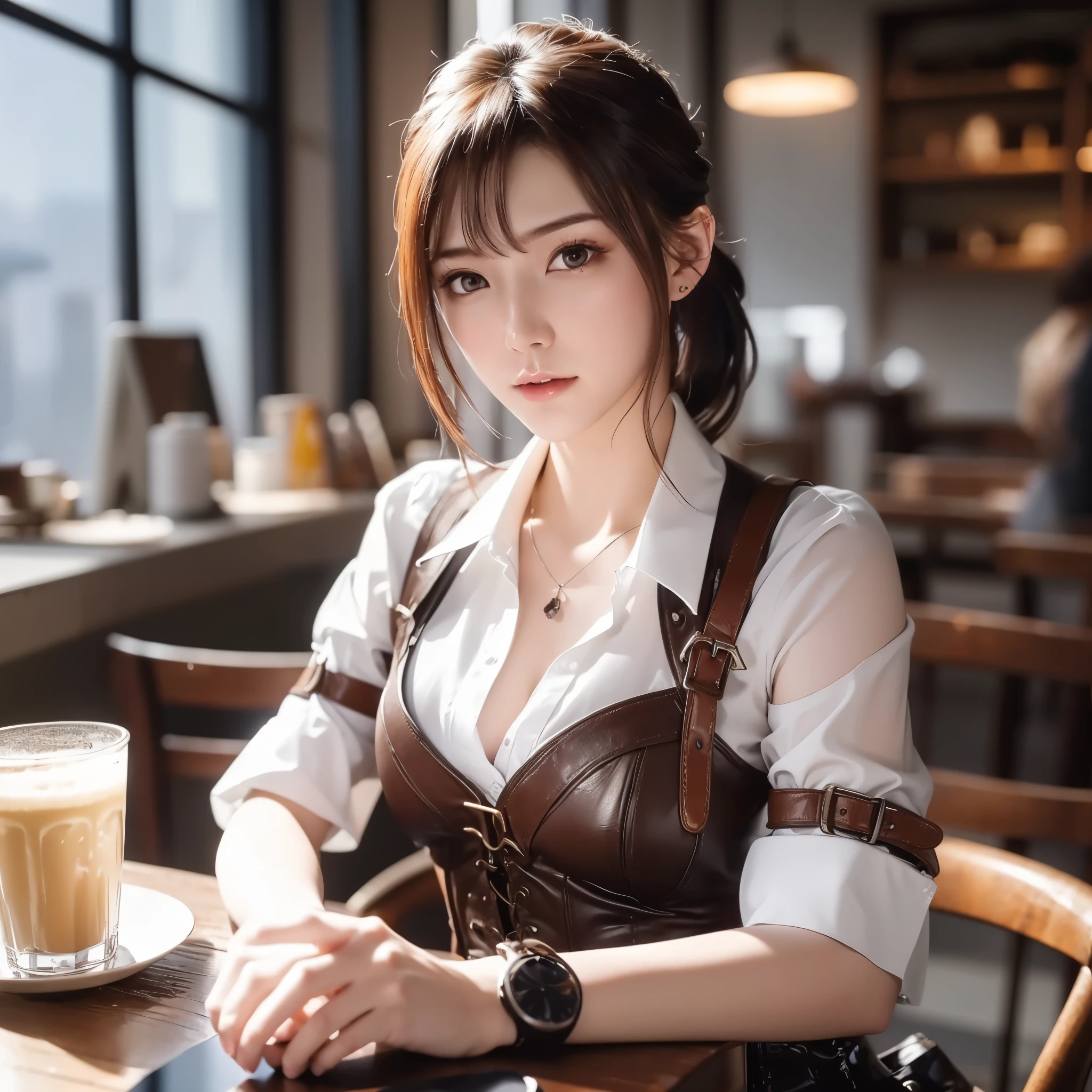 generate a lady, brown short ponytail hair, white skin, chinesse, wearing leather corset, shirt, vest and skirt, inside cafe, sit and drink coffee, handphone on the table, masterpiece, 8k, raw images, sharp eyes, lens glare, raytracing, best picture in the world, beautifull lighting, warm light