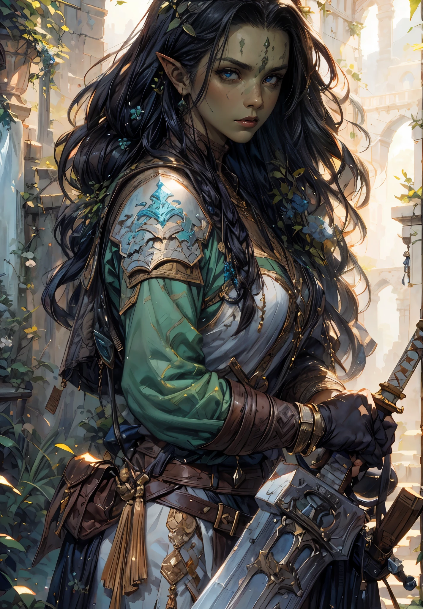 Watercolor painting of a half orc female gripping a huge sword, upclose portrait, art by craig mullins, , beautiful  DND character painting, amazing details,  masterpiece, intricate leather armor and linen clothing, long lustrous hair, detailed eyes, green hue skin tone, beautiful half orc, perfect face, perfect hands, masterpiece, amazing artwork, ancient city background