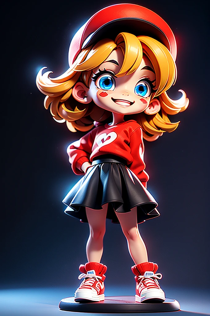 Character Stickers,cute girl solo,Short golden hair,blue eyes,Full body, 15 years old,(Chibi Genre),Red Shirt,Black skirt,white canvas shoes,Wear a red hat.,Standing,Smiling face,Rendered in 6 K resolution.,Shadows with softness,Black background for creating websites,2:3