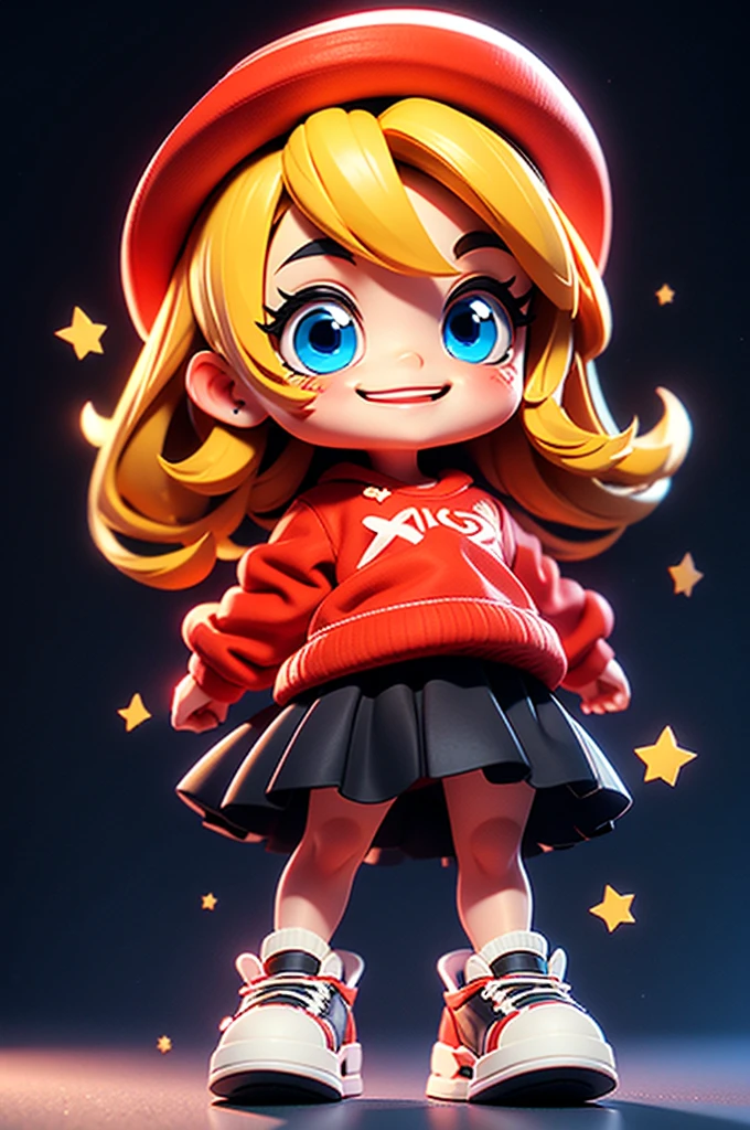 Adesivos de personagens,linda garota sozinha,cabelo dourado curto,olhos azuis,corpo todo, ,(Gênero Chibi),Camiseta vermelha,Saia preta,Sapatos de lona branca,Use um chapéu vermelho.,de pé,Rosto sorridente,Renderizado em resolução 6K.,Sombras com suavidade,Fundo preto para criação de sites,2:3