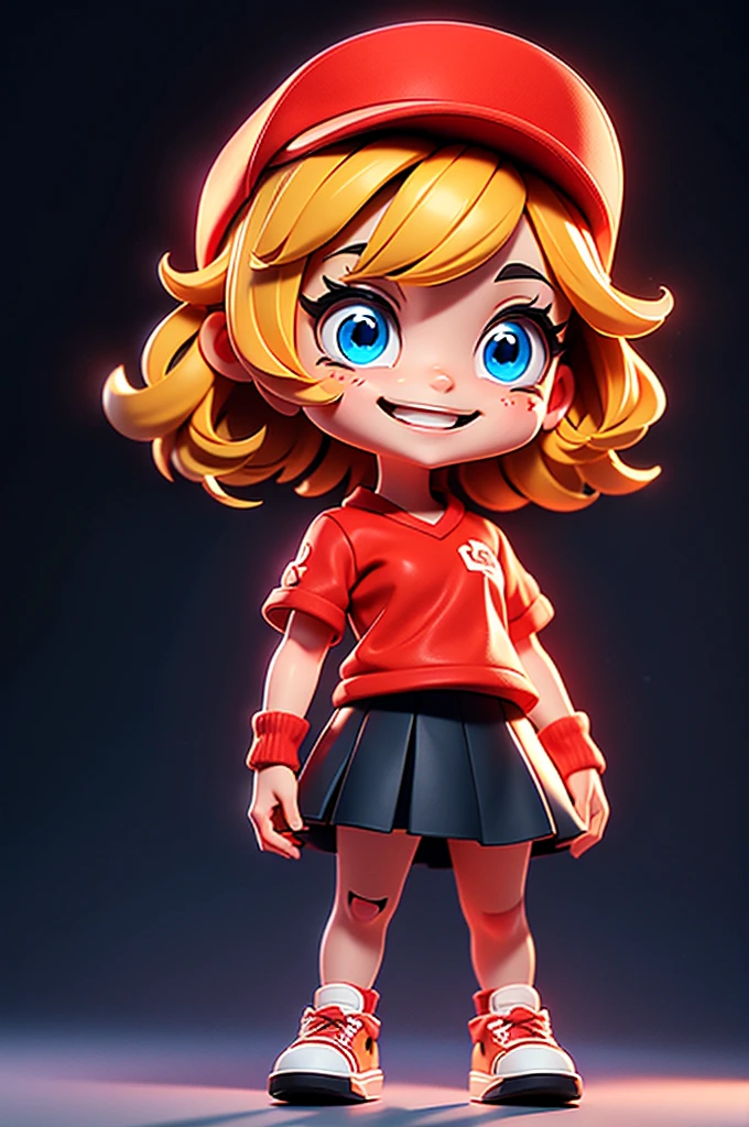 Character Stickers,cute girl solo,Short golden hair,blue eyes,Full body, 15 years old,(Chibi Genre),Red Shirt,Black skirt,white canvas shoes,Wear a red hat.,Standing,Smiling face,Rendered in 6 K resolution.,Shadows with softness,Black background for creating websites,2:3