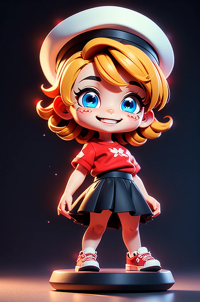 Character Stickers,cute girl solo,Short golden hair,blue eyes,Full body, 15 years old,(Chibi Genre),Red Shirt,Black skirt,white canvas shoes,Wear a red hat.,Standing,Smiling face,Rendered in 6 K resolution.,Shadows with softness,Black background for creating websites,2:3