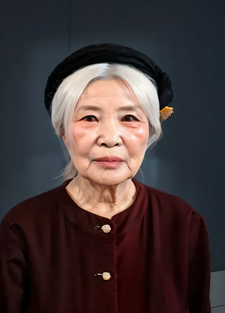arafed woman with white hair and a black hat, portrait bust of old woman, 3d render senior artist, old woman, realistic restored face, inspired by Ruth Jên, close portrait, grandma, old lady, mao, full face portrait, phuoc quan, vietnamese woman, mai anh t...