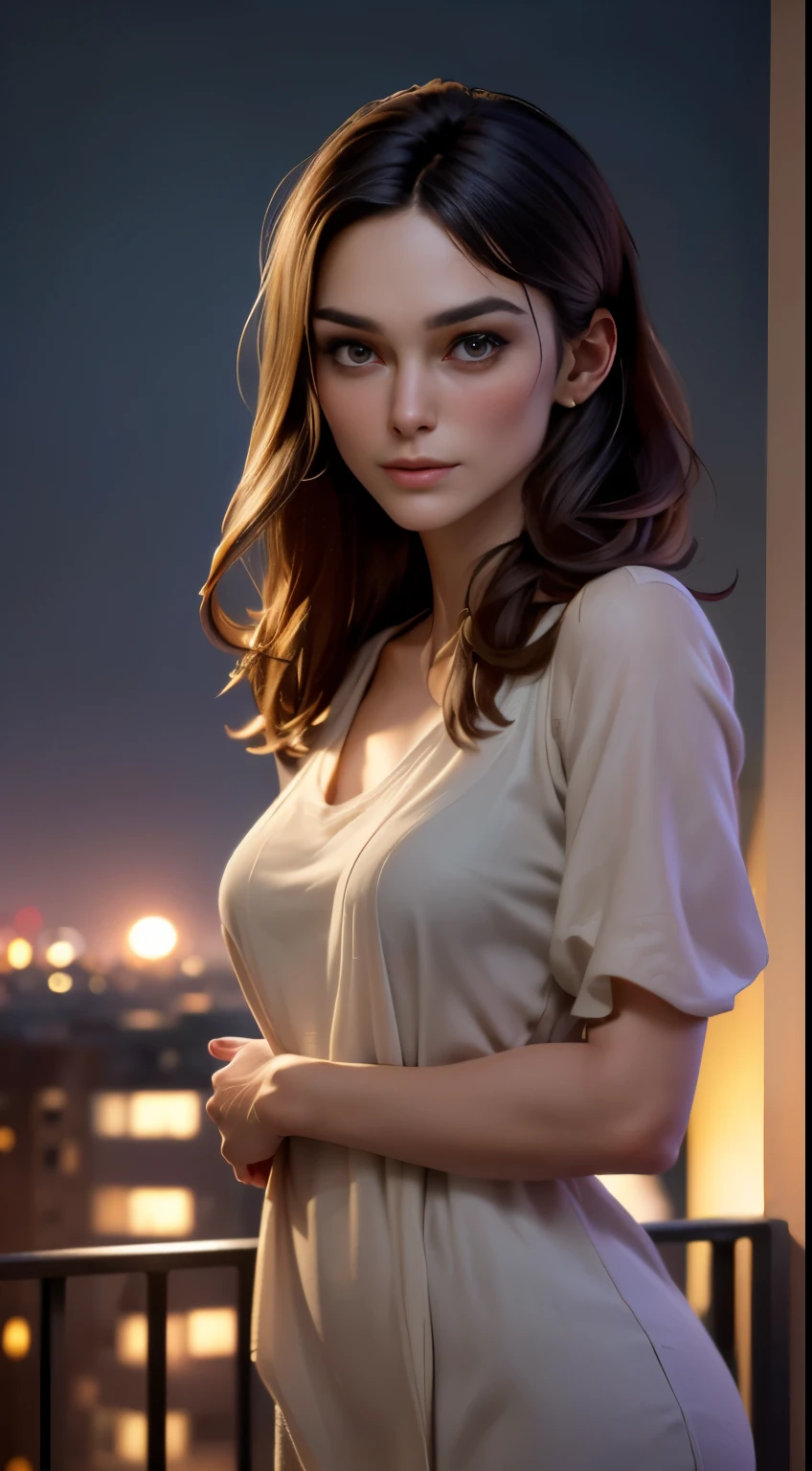 photo of Keira Knightley, RAW, beautiful woman, ((portrait)), ((detailed face:1.2)), ((detailed facial feature, detailed skin, clear skin), (perfect proportioned body, medium breasts), (wearing a tunic dress) (high detailed city environment, apartment balcony), (realistic photo, best quality, detailed), (8k wallpaper), (cinematic lighting, dramatic lighting) (sharp focus, intricate)