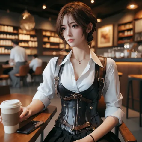 generate a lady, brown short ponytail hair, white skin, chinesse, wearing leather corset, shirt, vest and skirt, inside cafe, si...