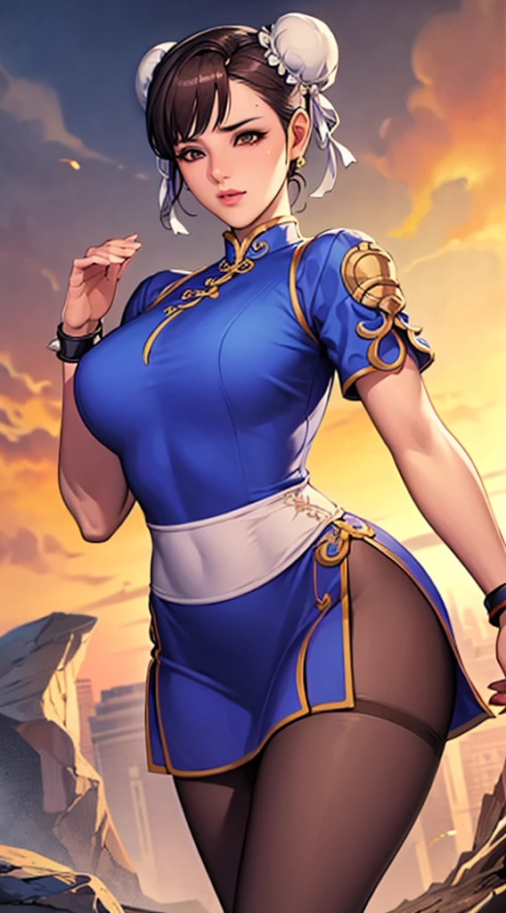 Meisterwerk, (gute Qualität), (kompliziert, 8k, 4k), 1 Mädchen, Chun li, kurze braune Haare, Doppelbrötchen, Maskara, Chinesisches Kleid, braune Strumpfhose, Spike-Armband, kurvig,