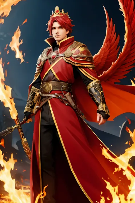 Make a character with red eyes a fire cloak with a large fire crown, protection a staff with a phoenix at the tip it emerges from the fire.