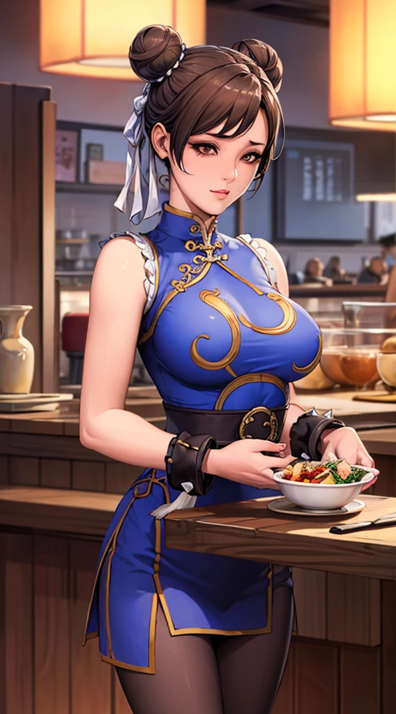 Masterpiece, (high quality), (intricate, 8k, 4k), 1 girl, Chun li, short Brown hair, double bun, mascara, chinese dress, belt, Brown pantyhose, Spike bracelet, Restaurant,