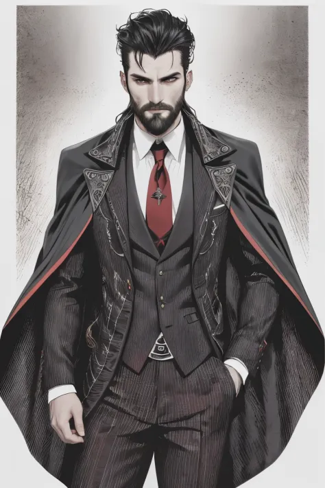 detailed facial features,beard,stubble,strong jawline,piercing eyes,intense gaze,(well-dressed) dhampir,(black,red) cape,(two-si...