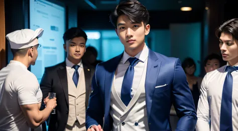 (tmasterpiece: 1.2),(computer generated art:1.3),(actual:1.5),(Post-processing:1.3), (Focus Clear:1.3), 1人, (Suits and ties), One-piece suit, Young Koreans , Korean men, (high shadows detail), chest muscle, Big arm muscles, blood vessel, large muscle, Wide...