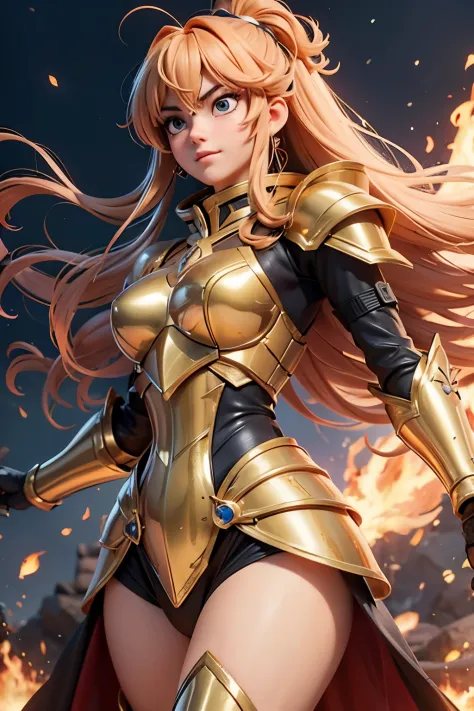 The prompt for the given theme is:

(best quality,1girl) girl in golden armor, cool pose, battle field background, fire backgrou...