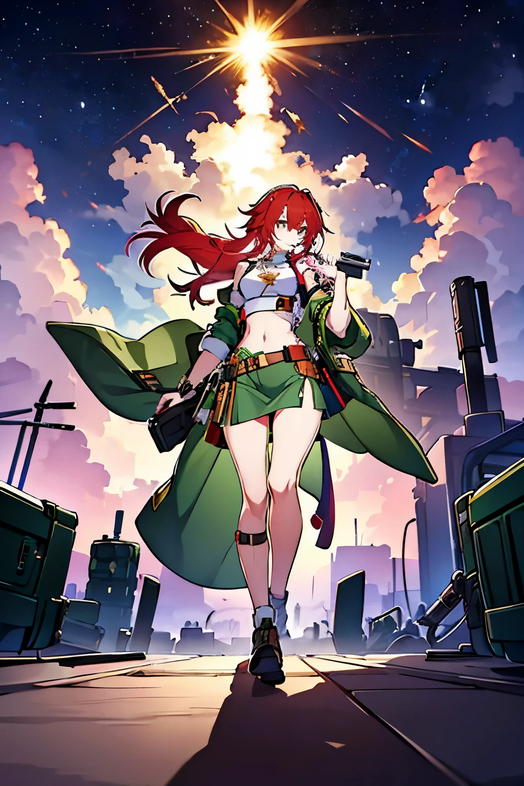 8k, masterpiece, high resolution, clear face, young woman, long red hair, half-up style, loose piece, green eyes, crop top, cargo skirt, one-buttoned cardigan, guns on thighs, medical bag on hip, happy and excited look on her face, apocolypse, neighborhood, explosions behind her, guns behind her, cute pose