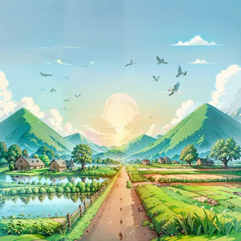 a cartoon illustration of a rural road with a farm and birds flying over it, anime countryside landscape, distant village backgr...