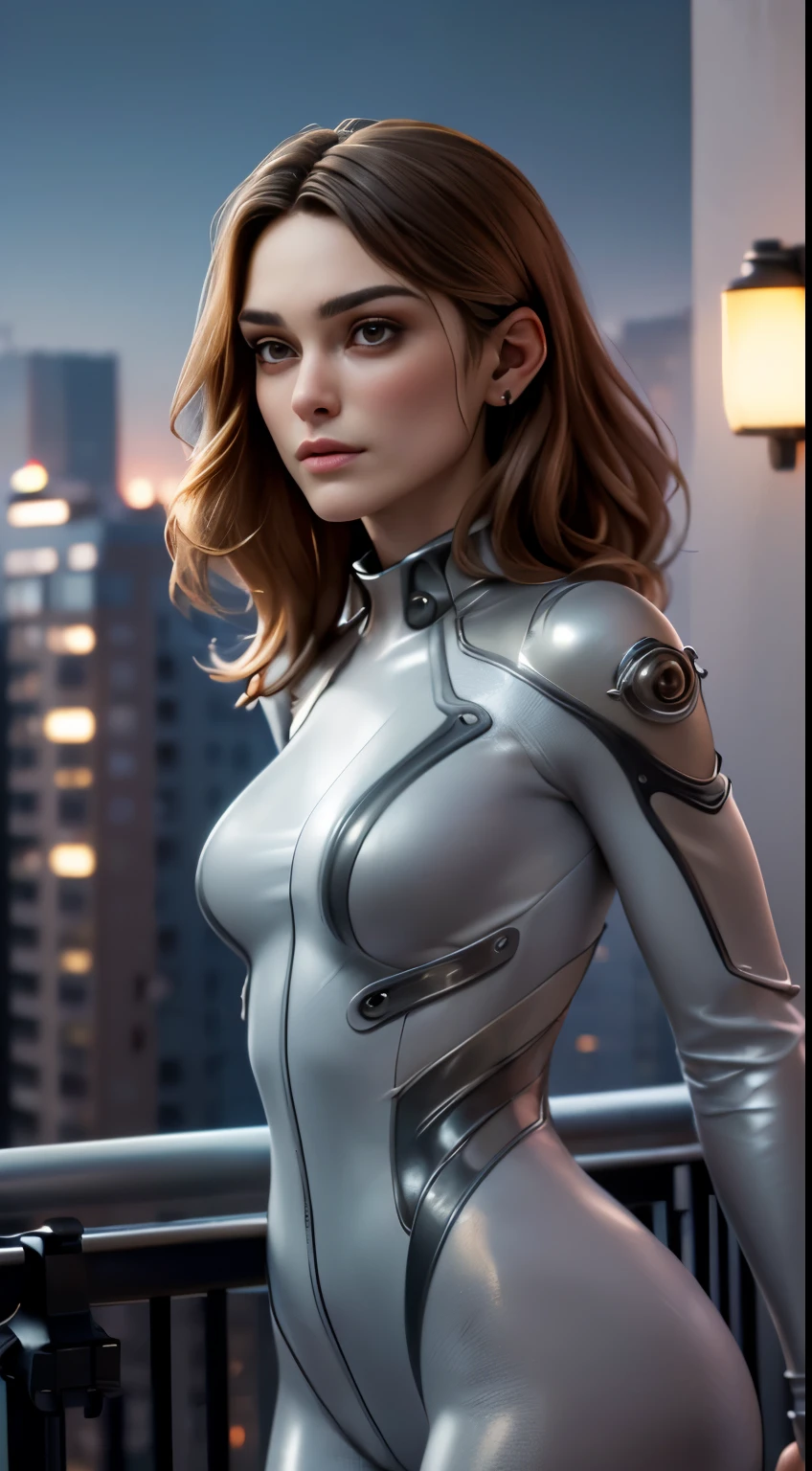 photo of Keira Knightley, RAW, beautiful woman, ((portrait)), ((detailed face:1.2)), ((detailed facial feature, detailed skin, clear skin), (perfect proportioned body, medium breasts), (wearing plugsuit), walking, (high detailed city environment, apartment balcony), (realistic photo, best quality, detailed), (8k wallpaper), (cinematic lighting, dramatic lighting) (sharp focus, intricate)