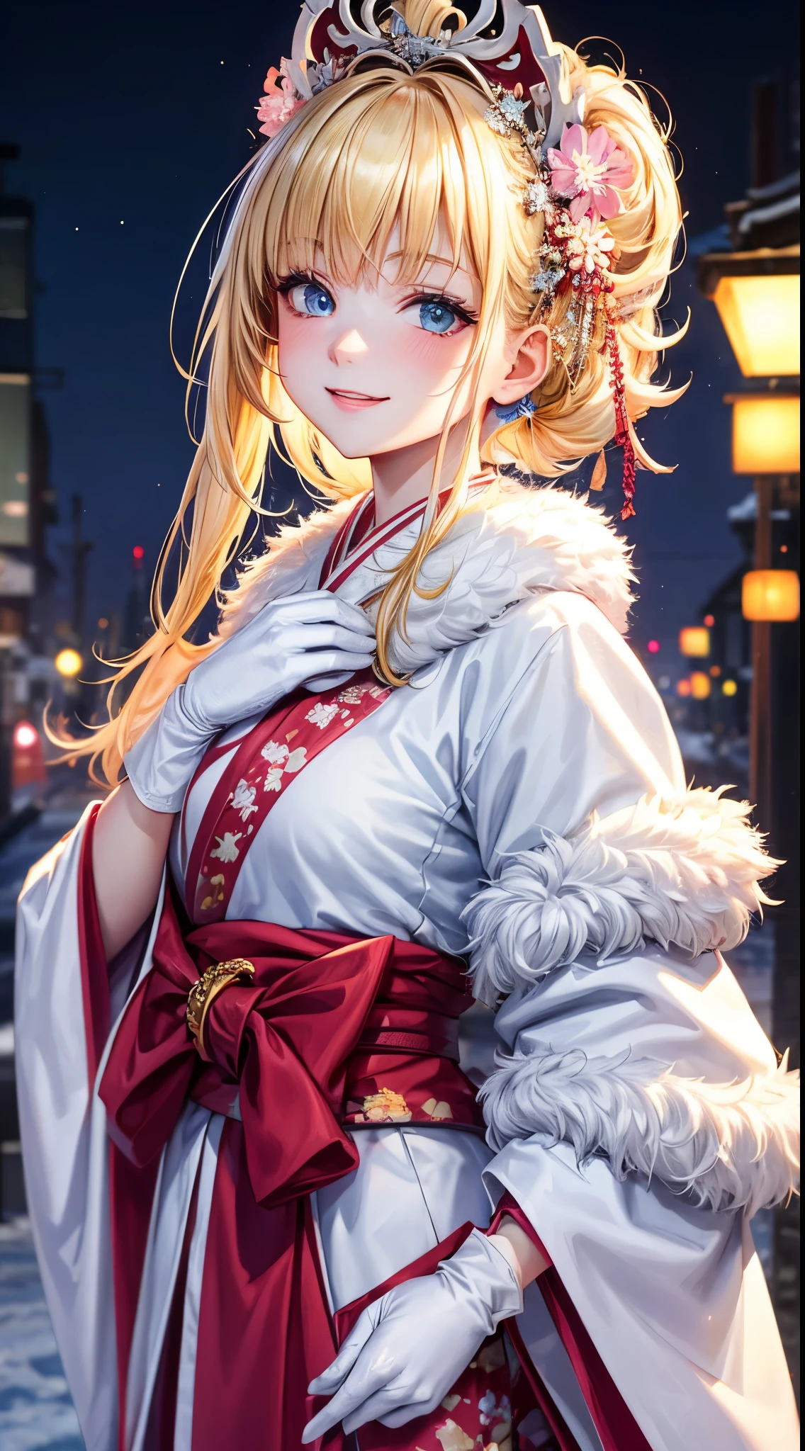 Very detailed CG Unity 8K wallpaper, Cute One Girl, Mature blonde girl, beautiful  Girl, hot maiden, pale skin (Super masterpiece, Beautiful person, well detailed face polluted smile, Photorealistic, hyper realisitic), colorful winter pink kimono 、has white fur、 Wearing white gloves,Japanese Style Hair Accessories、Girl holding a cute white kitten,  (Light Lighting)、smil,Upper body 、Japan background