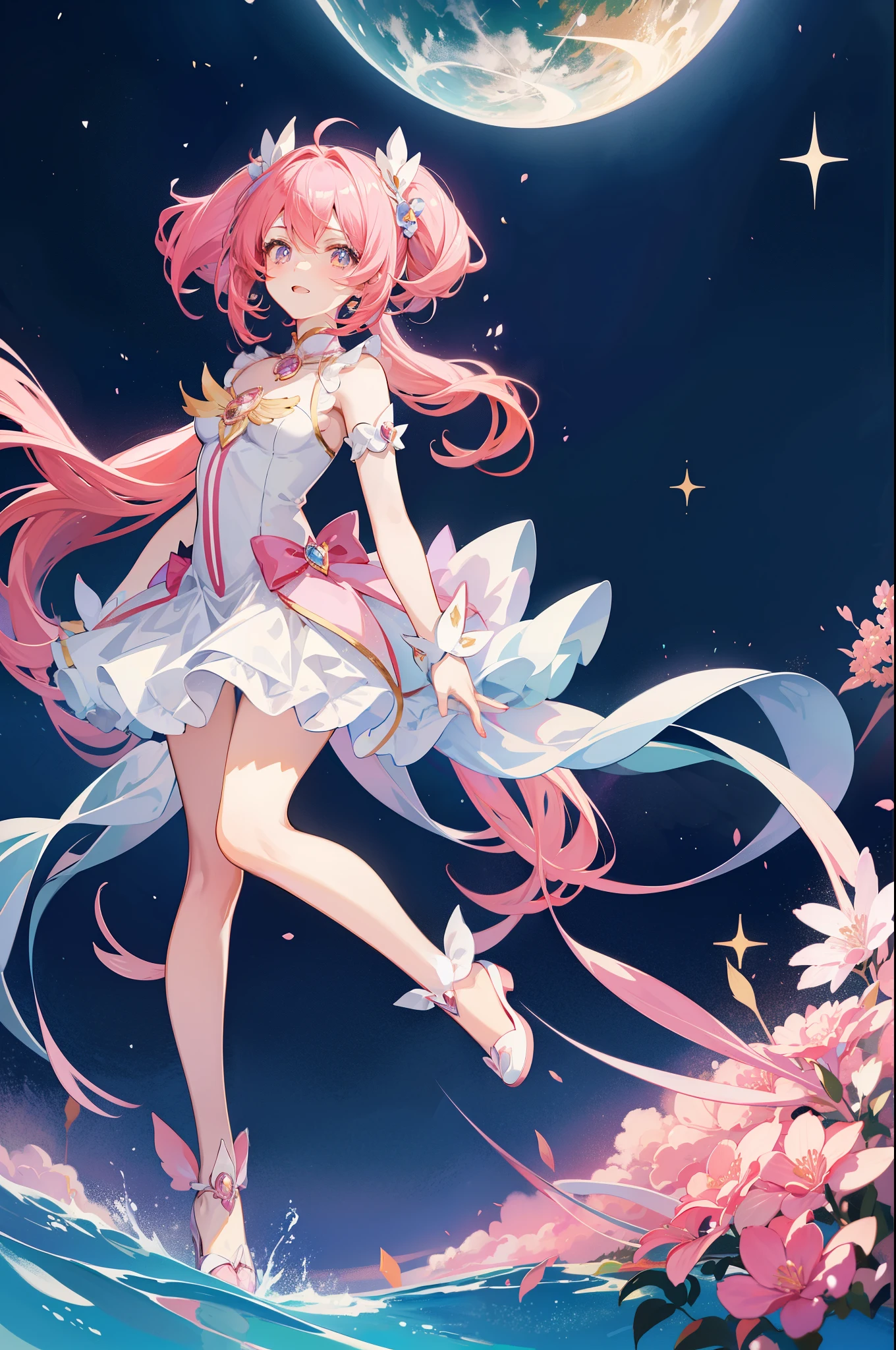 Anime star magical girl, sparkling magical girl, portrait of the magical girl, beautiful celestial mage, magical little girl, anime goddess, celestial magical girl, colorful gradient layered magical costume, (colorful), whimsical, cute, full body