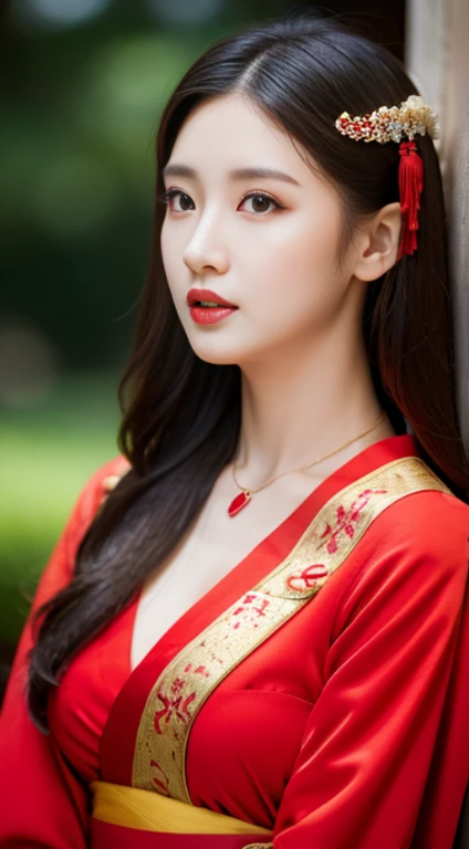 best quality, masterpiece, highres, 1girl, china hanfu,chinese architect background, red scarf, hair ornament,necklace, jewelry,Beautiful face,upon_body, tyndall effect,photorealistic, dark studio, rim lighting, two tone lighting,(high detailed skin:1.2), 8k uhd, dslr, soft lighting, high quality, volumetric lighting, candid, Photograph, high resolution, 4k, 8k, Bokeh,red dress girl