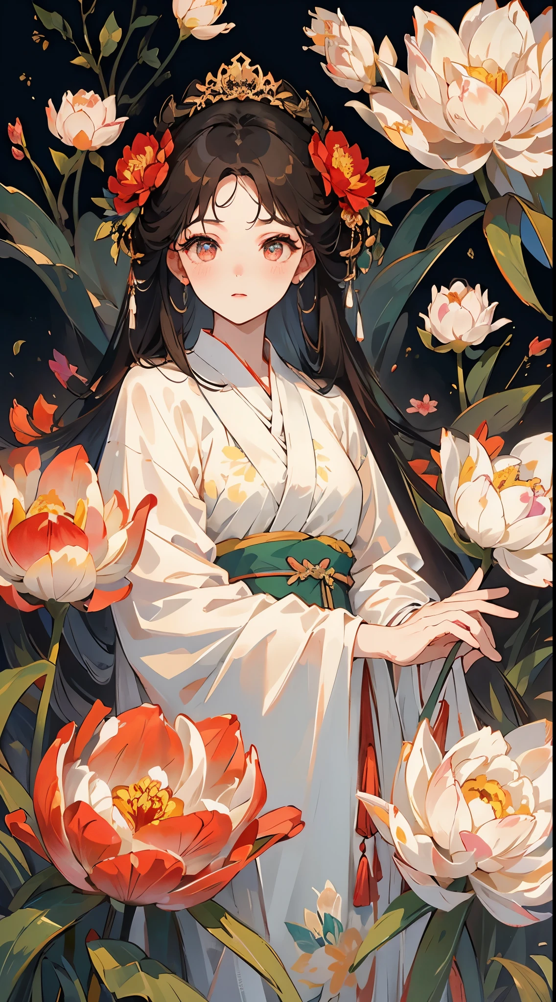 （Huang Li，Uma alta resolução，ultra-detalhado），1 irmã，só，olhos muito detalhados，Elementos tulipa（arte oficial，lindo e lindo：1.2），（arte fractal：1.3），Mais detalhado，(arte fractal: 1.1), (colorida: 1.1) (Padrões florais: 1.3)