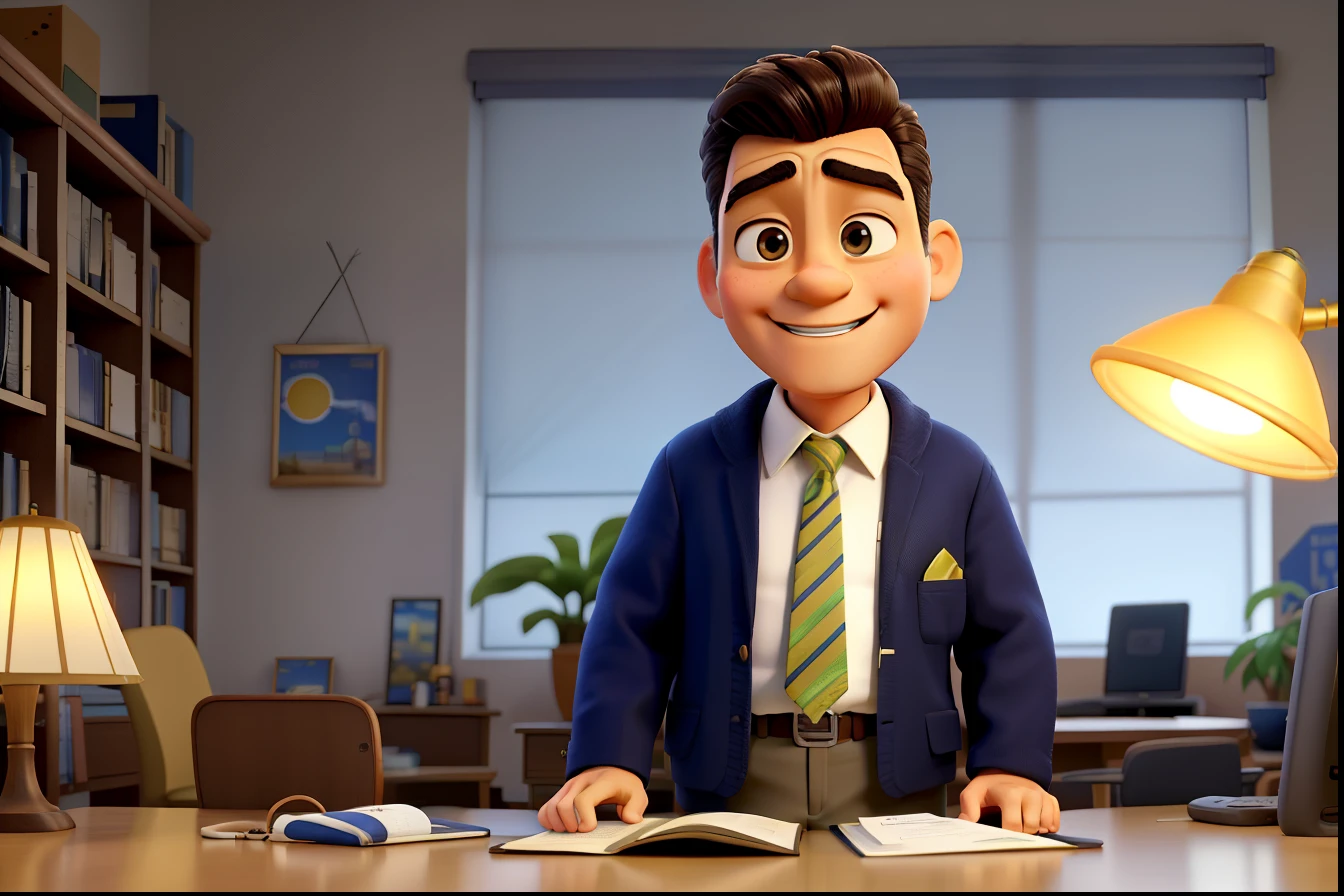 A wise man standing in front, illuminated by the light of a lamp, contra o pano de fundo de uma biblioteca. Cabelos grisalhos. Sorrindo. jacket and tie. Making a thumbs up sign with one hand. Estilo Disney Pixar na melhor qualidade