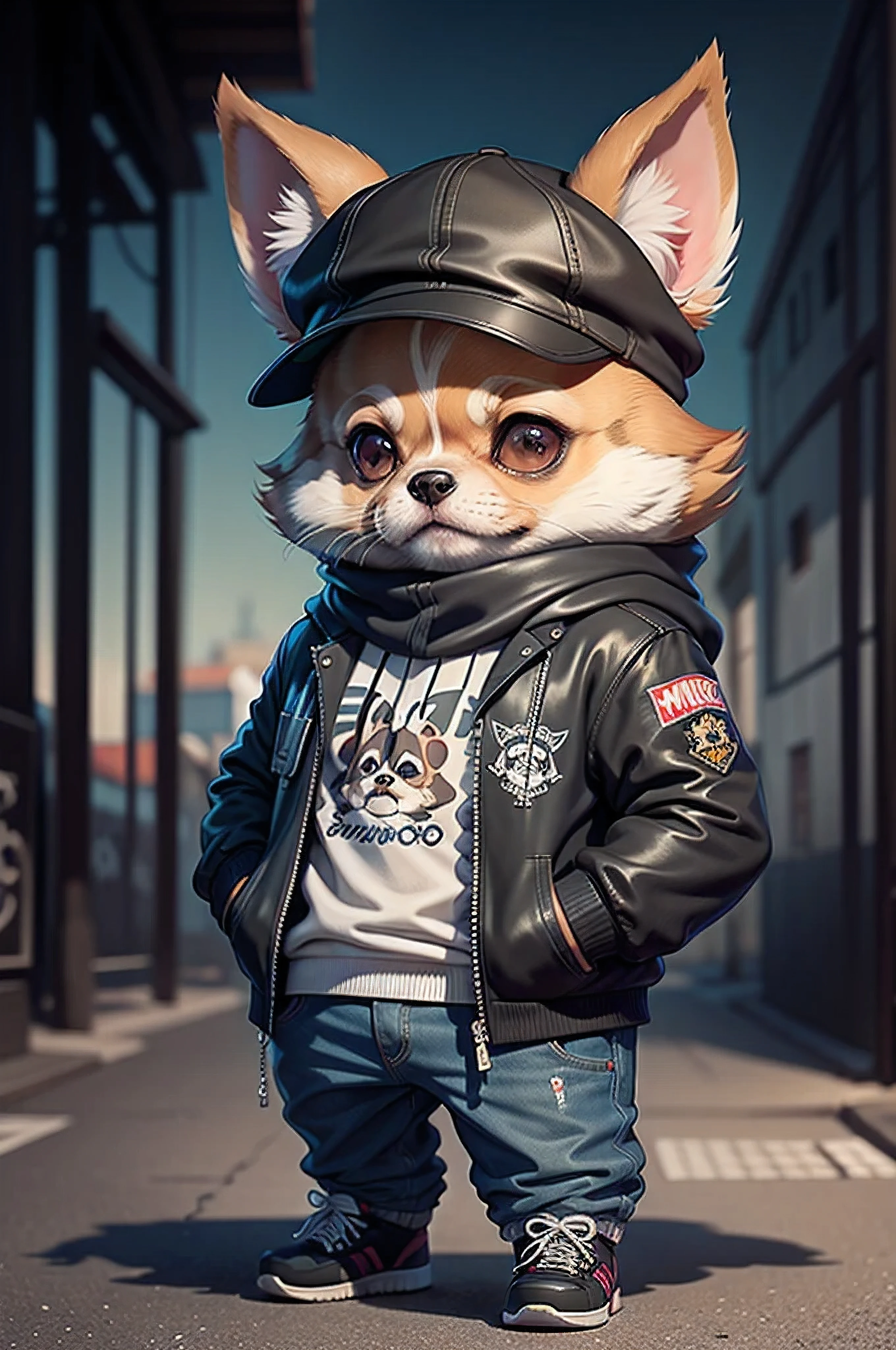 Cachorro chihuahua usando chapéu e cachecol, temas quentes no mundo da arte, Use roupas punk, Corpo inteiro como，Existem mãos e pés，Cabelo，olhos grandes，renderização hiper-realista detalhada, membro de gangue britânica, estilo de rua, postura intimidante, planeta chihuahua, roupas e moda, samurais, Especialidades eslavas ocidentais, 8 1 5