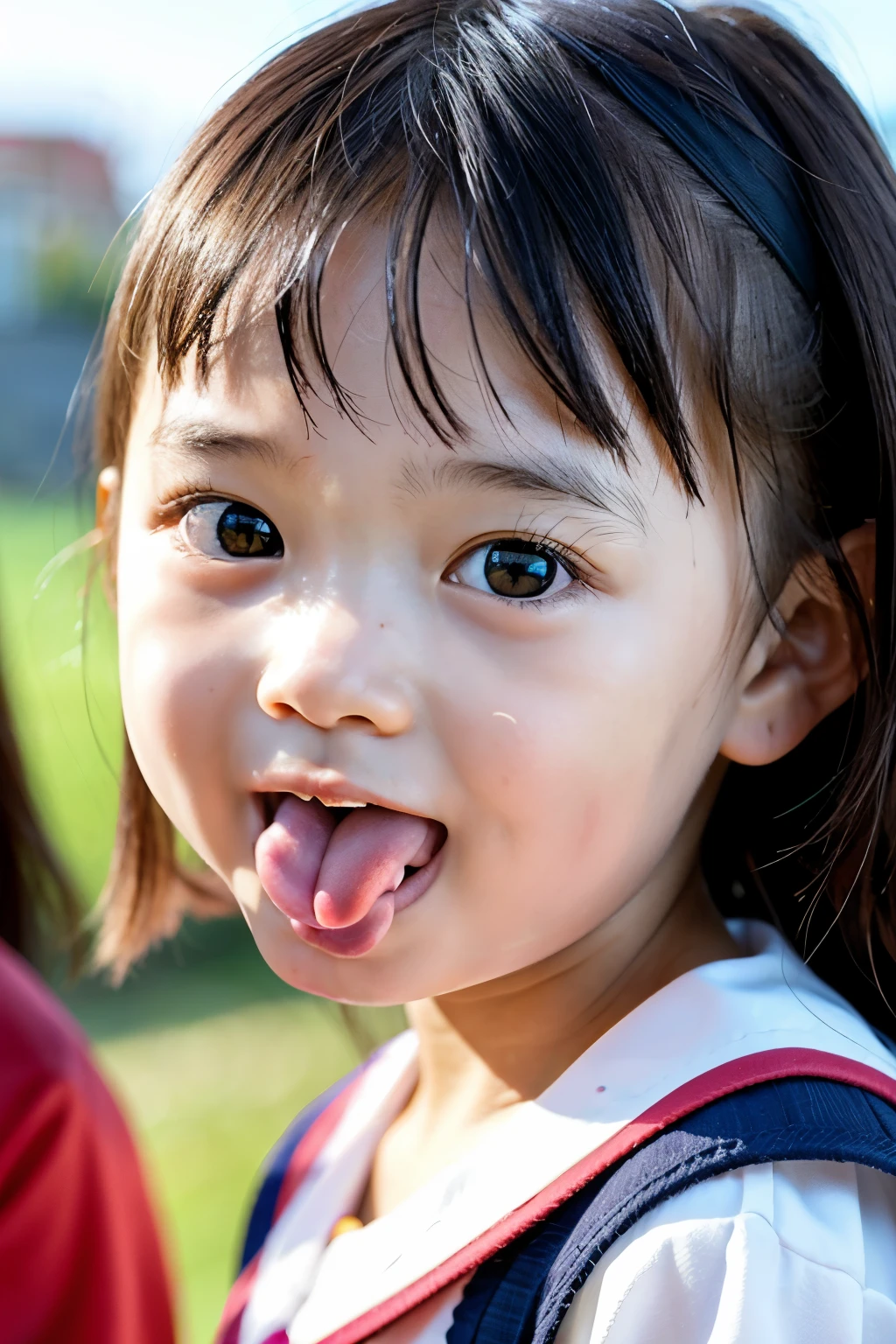 There is a young girl sticking out her tongue in a field - SeaArt AI