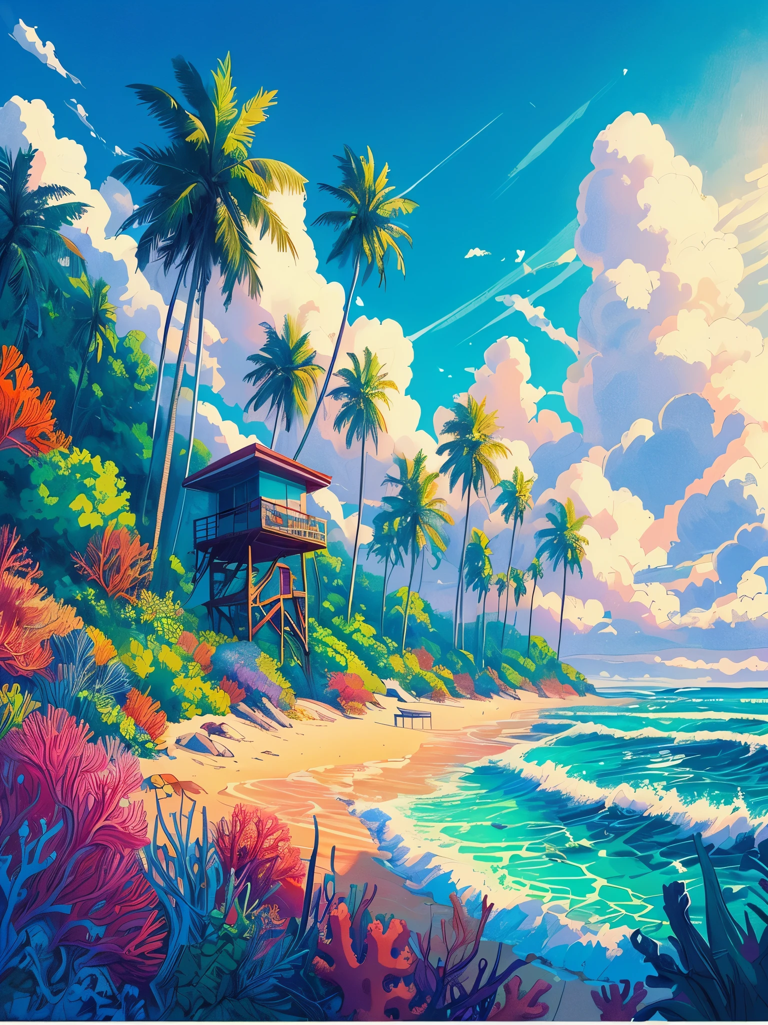 Zeichnen Sie eine Lofi-Szene im Anime-Poster-Stil von einem Strand mit einer Reihe von Palmen, Rettungsschwimmerkabine, Tropische Pflanzen, Korallenmeeresleben, Tageszeit, Wellen, schöne Farbpalette, lebendige, gesättigte Farben, Meisterwerk, filmischer bewölkter Himmel,