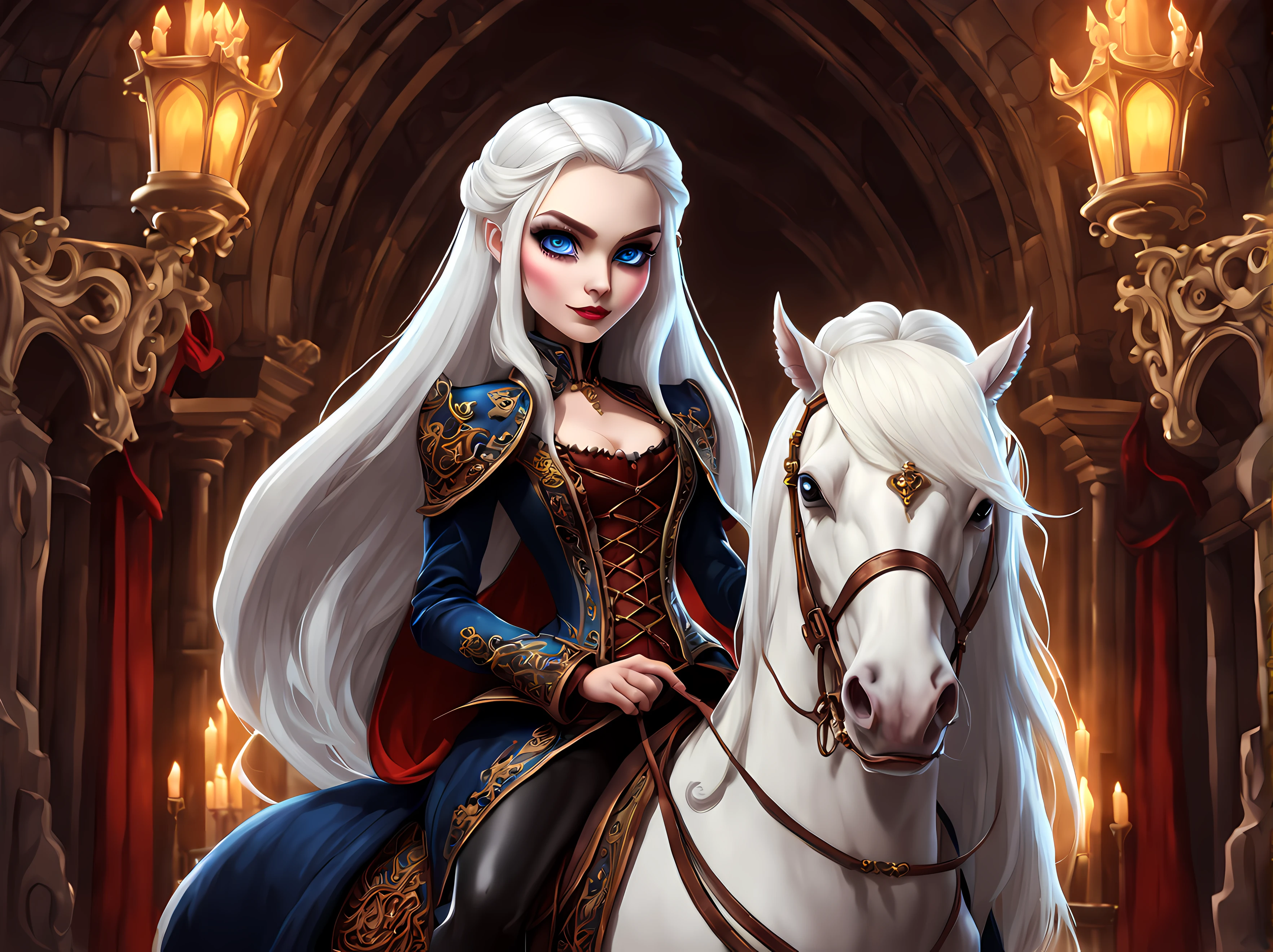 dessin animé mignon, MignonDessin AniméAF, (Style de dessin animé mignon:1.3) | Superbe reine vampire chevauchant un majestueux destrier royal. | La reine a de longs cheveux blancs et des yeux bleu vif. | Le harnais du cheval est un chef-d&#39;œuvre de l&#39;artisanat gothique, reflétant le design vampirique complexe et orné. | Le cheval a (Crinière dorée). | Les écuries respirent l&#39;opulence, avec une architecture gothique et une atmosphère tranquille. | Une seule rose dans les cheveux de la reine. | Plus_détail