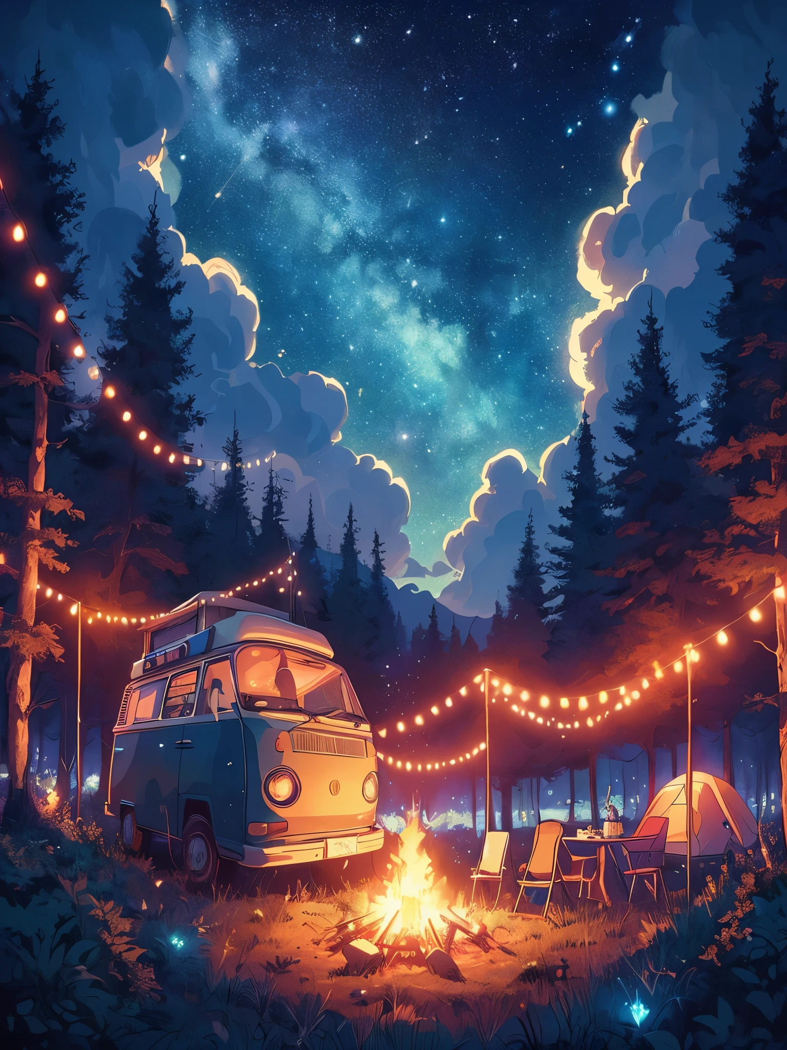 Dibuja una escena lofi estilo póster de anime de una caravana en el bosque., decoración de luces de hadas, hoguera, barbacoa, cielo estrellado, desierto, dense forest, Noche, hermosa paleta de colores, colores saturados vibrantes, obra maestra, cielo nublado cinematográfico, no human