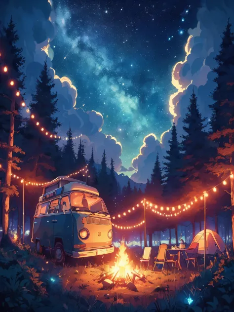 Draw an anime poster style lofi scene of a camper van in the woods, fairylights decor, bonfire, barbeque, starry sky, wilderness...