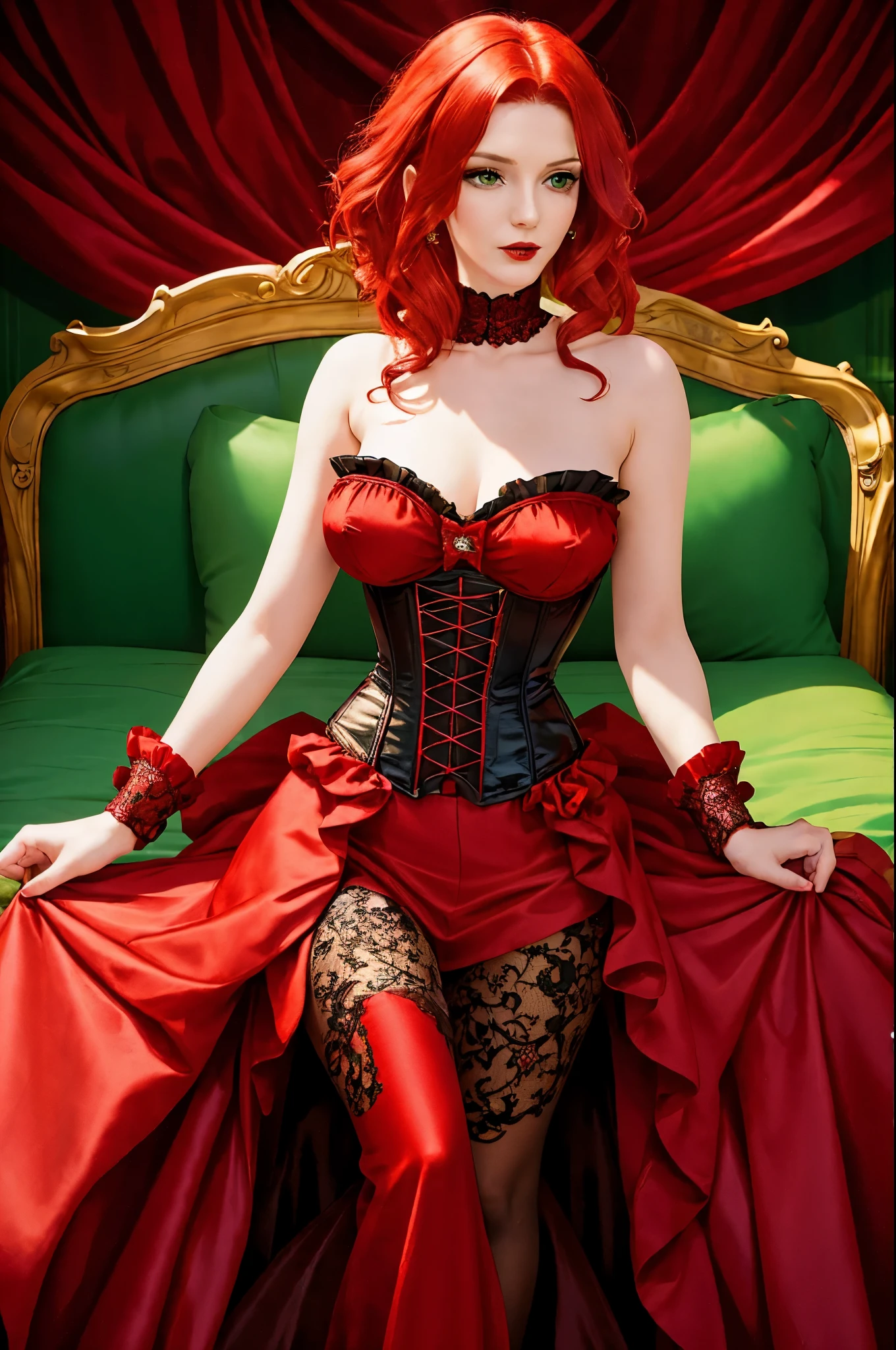 Craft a professional photoshoot highlighting the beauty of a slender woman with red hair and green eyes, elegantly adorned in a red and black corset, set against the backdrop of a lavishly decorated Victorian bedroom.