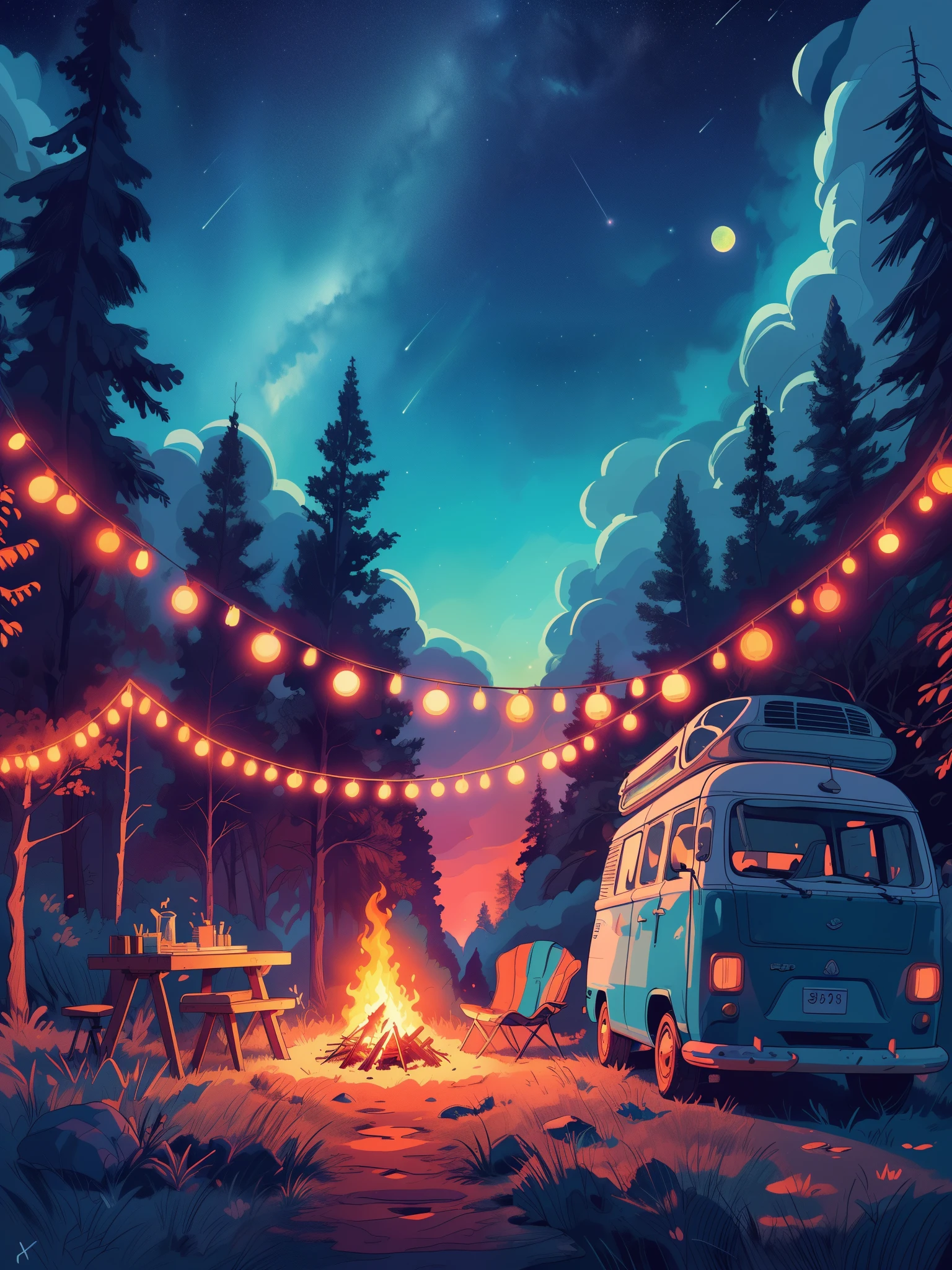 Dessinez une scène lofi de style affiche animée d&#39;un camping-car dans les bois, décor de guirlandes lumineuses, feu, barbecue, ciel étoilé, région sauvage, forêt dense, nuit, belle palette de couleurs, couleurs saturées vibrantes, chef-d&#39;œuvre, ciel nuageux cinématographique, Aucun humain