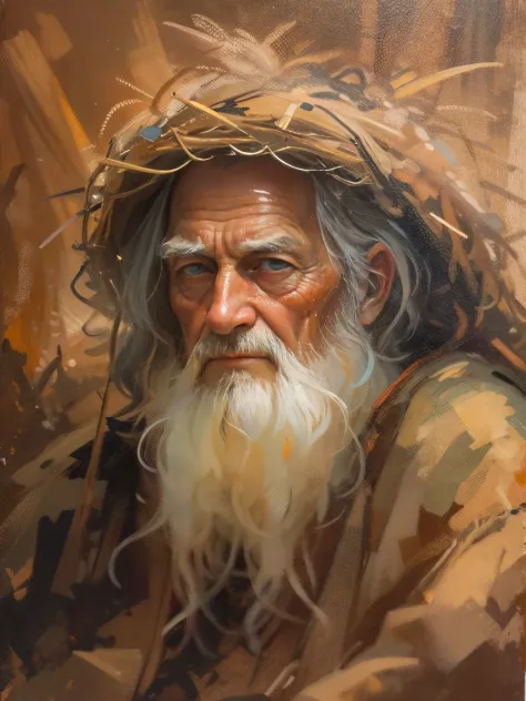 an oil painting，da vinci art style。old man in haystack, messy  hair，Tools，Guviz style artwork,，Artistic creativity:1.37,Sweet，Wo...