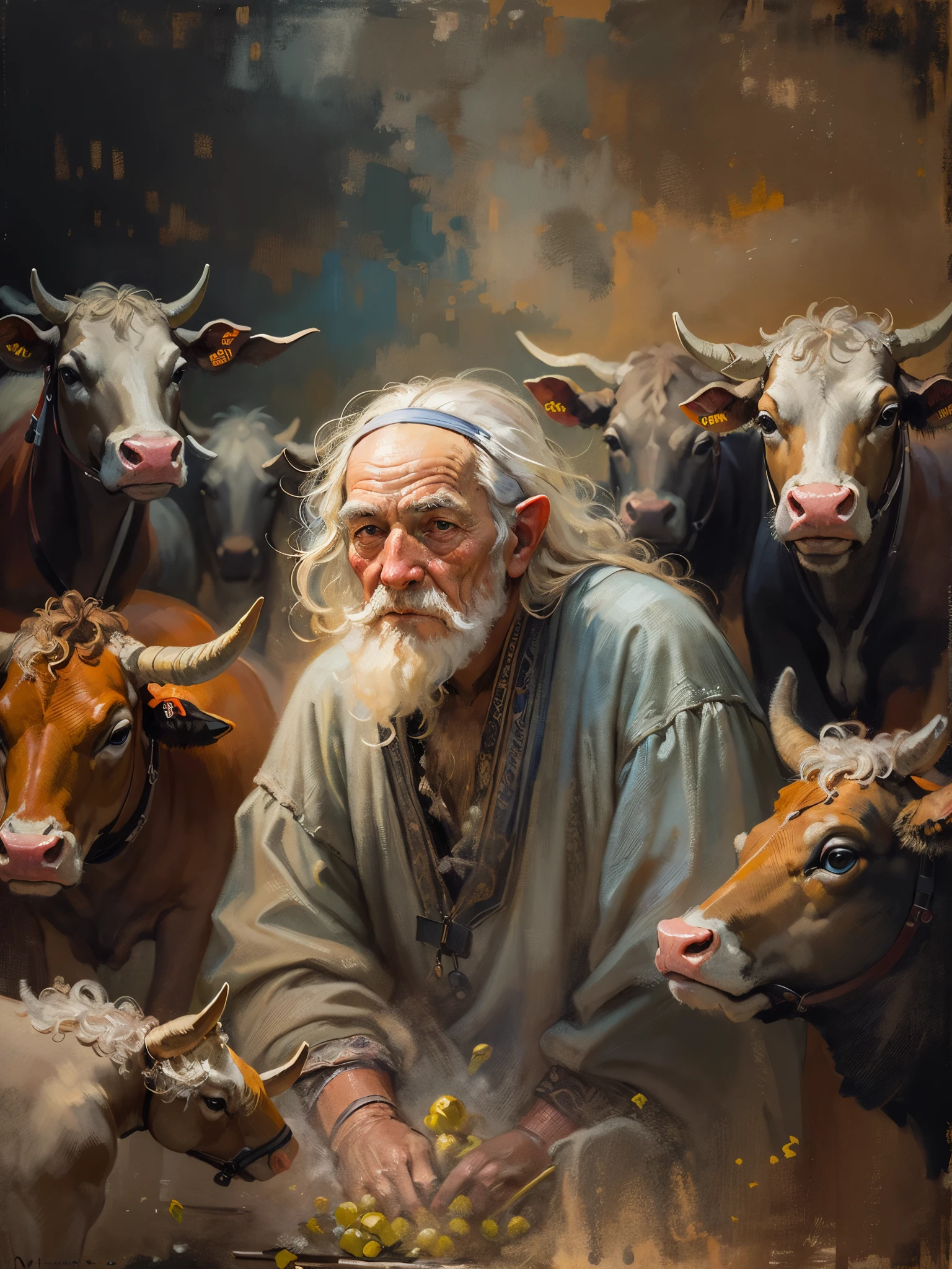 an oil painting，da vinci art style。old man among cows, messy  hair，Guviz-style artwork,，Artistic creativity:1.37,Sweet，Wonderful and magical，Exquisite，Natural soft light，Lonely eyes，